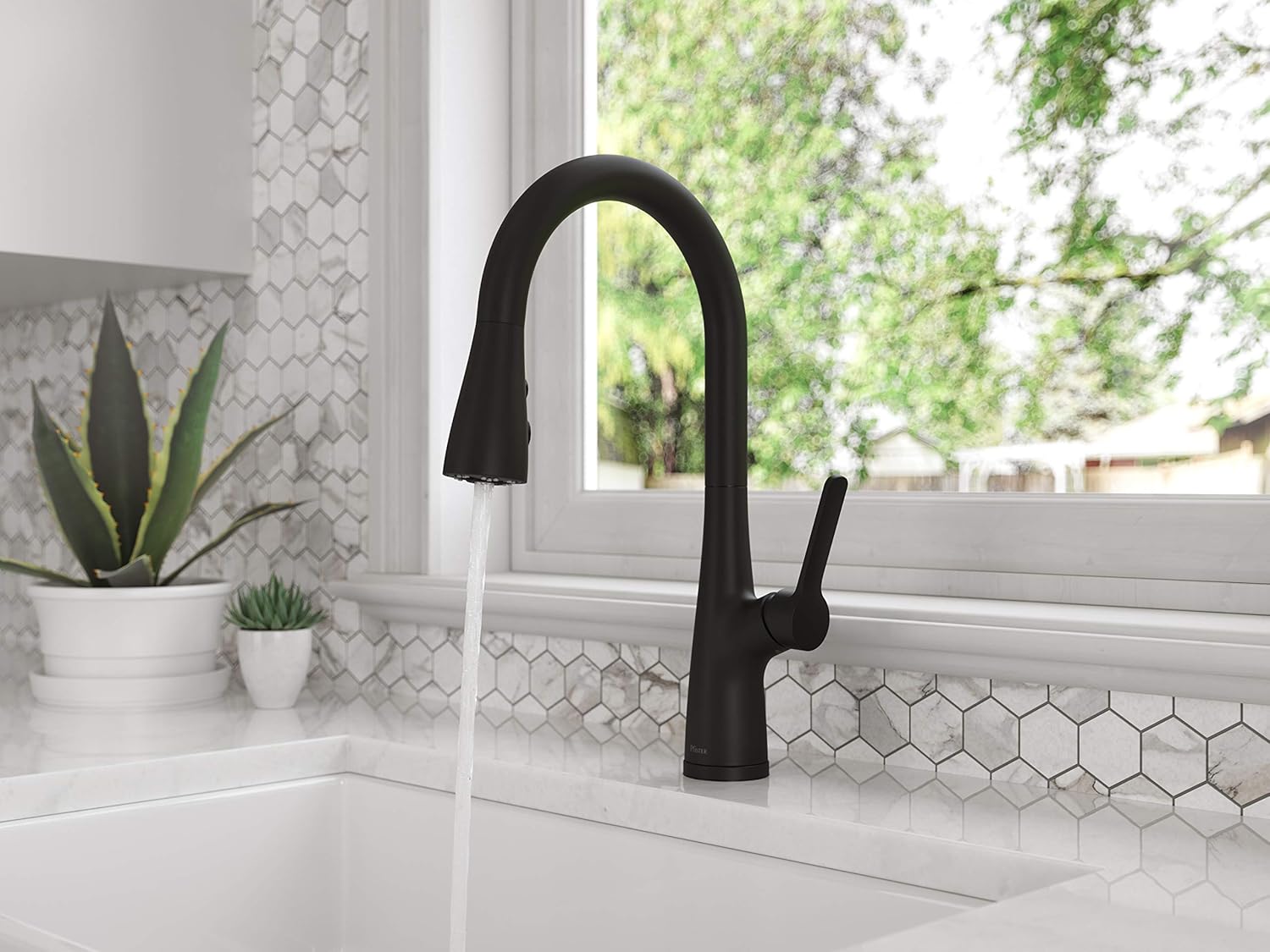 Pfister Neera Kitchen Faucet with Pull Down Sprayer Single Handle High Arc Matte Black Kitchen Sink Faucet 3 Water Settings 360 Degree Swivel ADA Compliant LG529NEB
