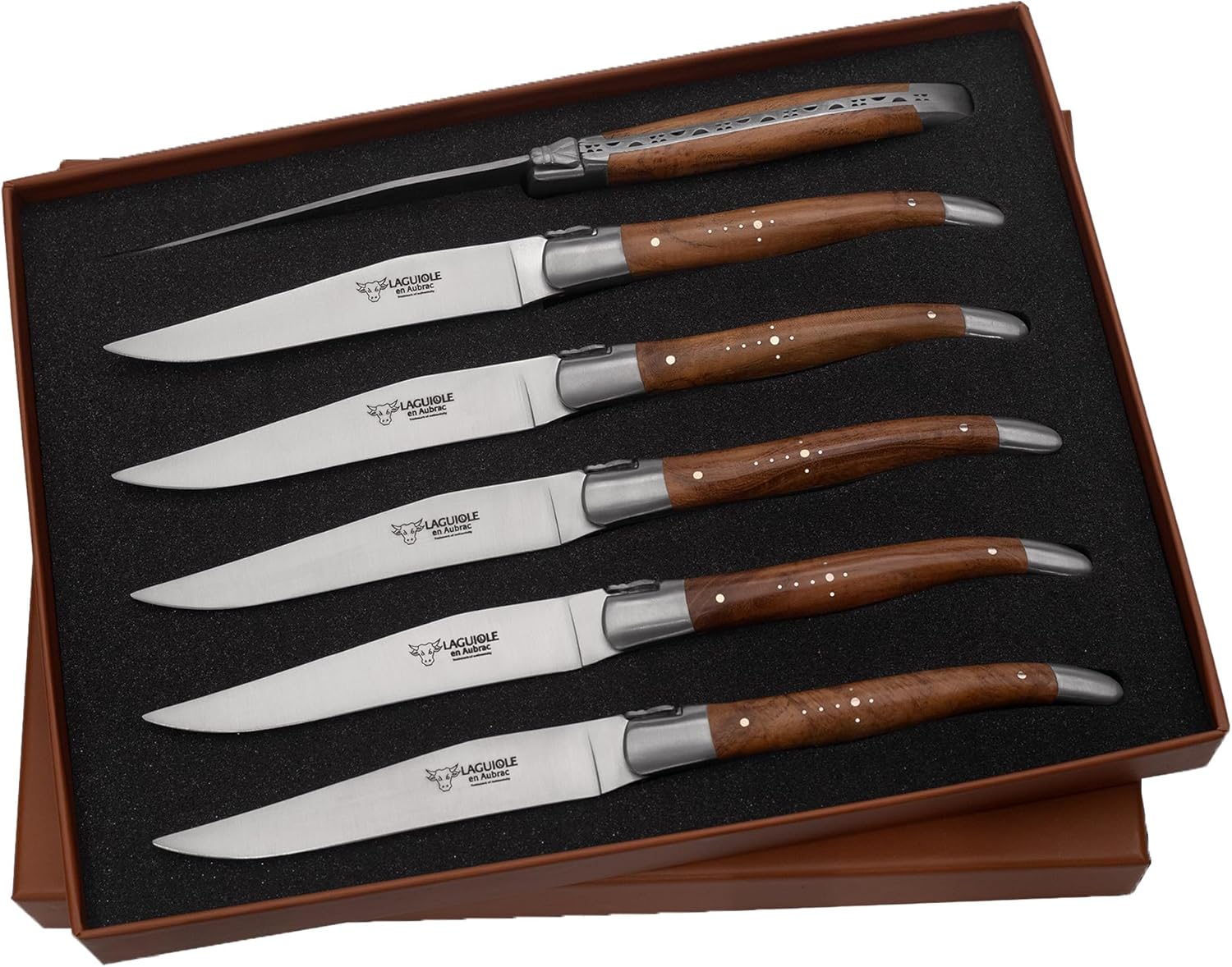 Laguiole en Aubrac Luxury Fully Forged Full Tang Stainless Steel Steak/Table Knives 6-Piece Set With Teak Wood Handles, Brushed Bolsters