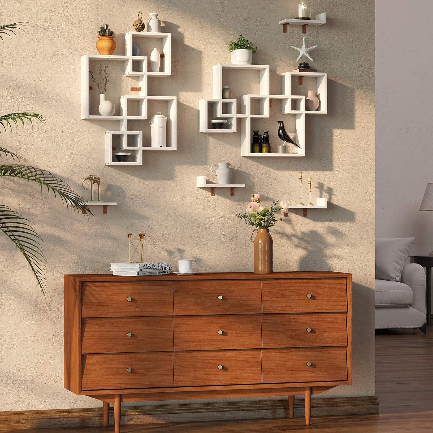 Rolanstar Floating Shelves, Wall Mounted 4 Cube Intersecting Floating Shelf Set for Decor and Storage for Living Room, Bedroom, Home Decor Furniture, White 2 Pack