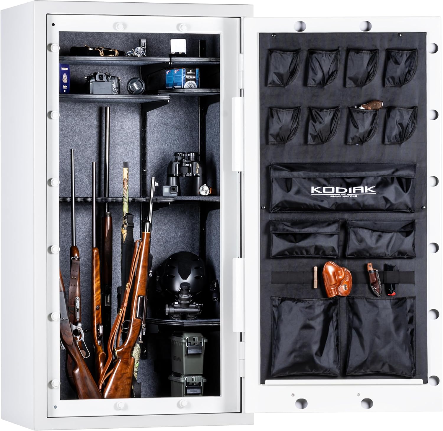Kodiak Home Gun Safe for Rifles & Pistols | KGX6736W by Rhino Metals with New SafeX Security System | 46 Long Guns & 8 Pistol Pockets | 60 Minute Fire Protection | Gloss White Finish | 690lbs