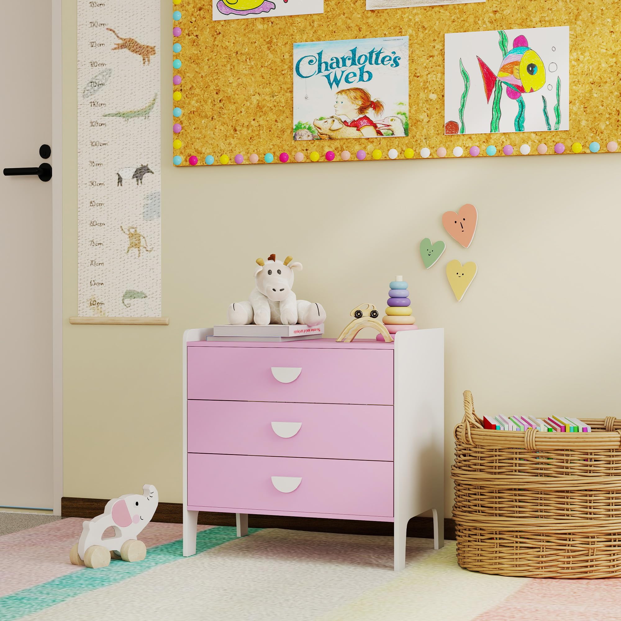 AIYAPLAY Kinderkommode, Aufbewahrungskommode mit 3 Schubladen, Aufbewahrungsmöbel Kinderzimmer, Kinderkrippe, Spielzimmer, 60 x 40 x 60 cm, rosa