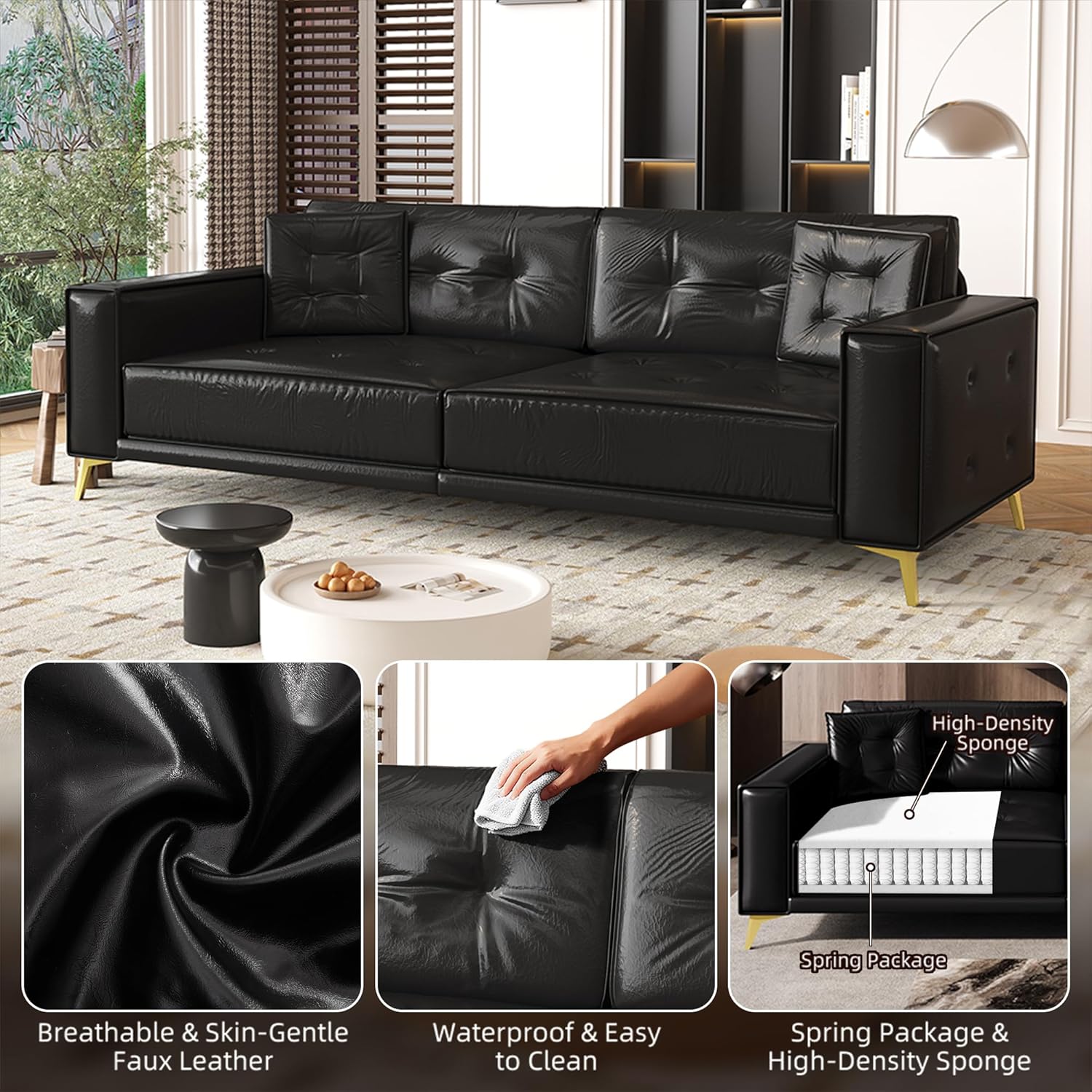 92.1'' Pull Out Sofa Bed King, Faux Leather Futon Couch, 3-in-1 Convertible Sleeper Sofa with Tufted Back, 2 Pillows, Gold Furniture Legs, Deep Loveseat for Living Room, Apartment, Black