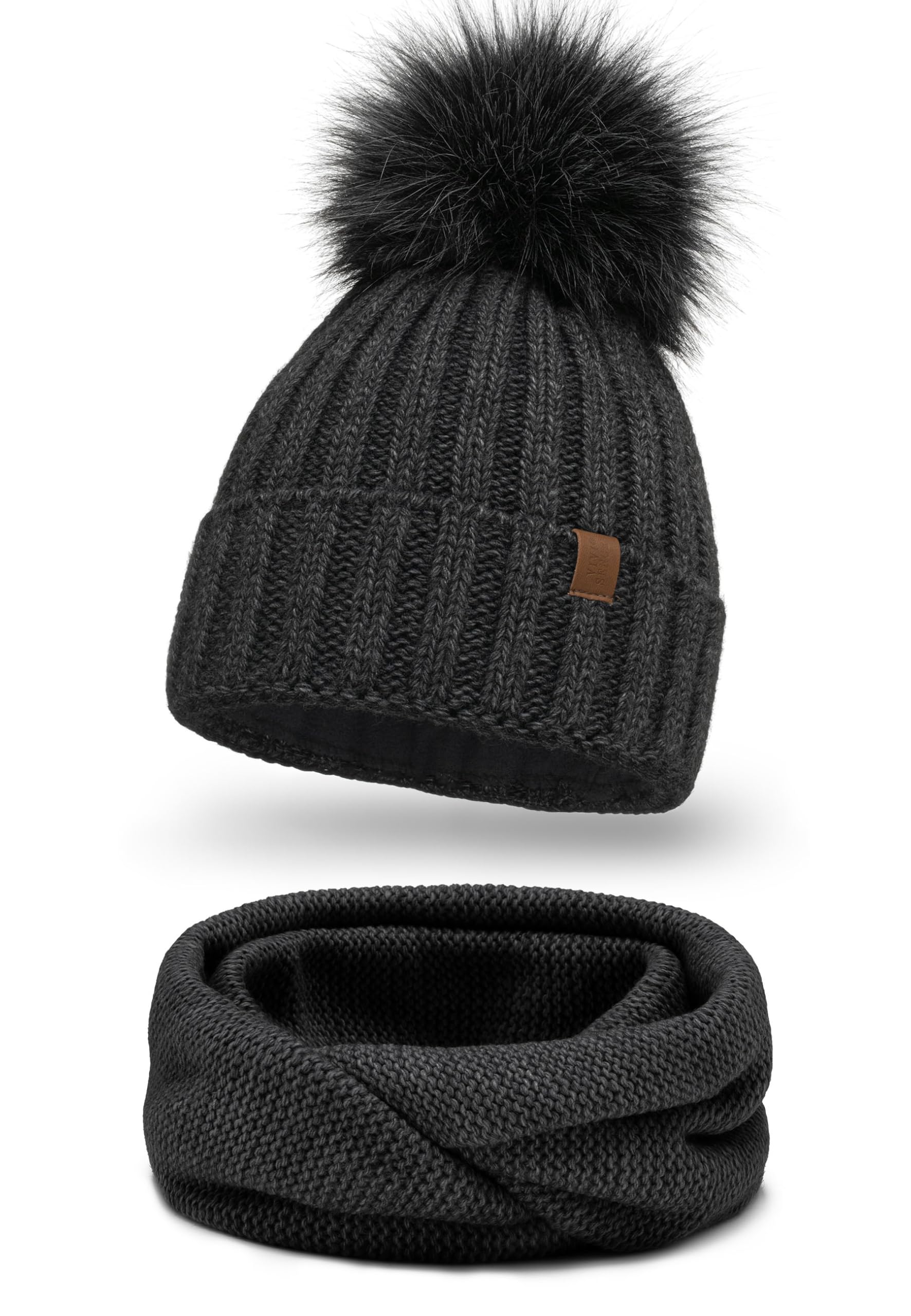 VIVISENCE Bonnet Et Gants pour Femme L'automne Et l'hiver Ensemble À La Mode avec Pompon Cache Cou Chauds pour Hiver Doublure en Polaire Confortable avec Patch en Cuir Écologique 70100 Kmpl+R
