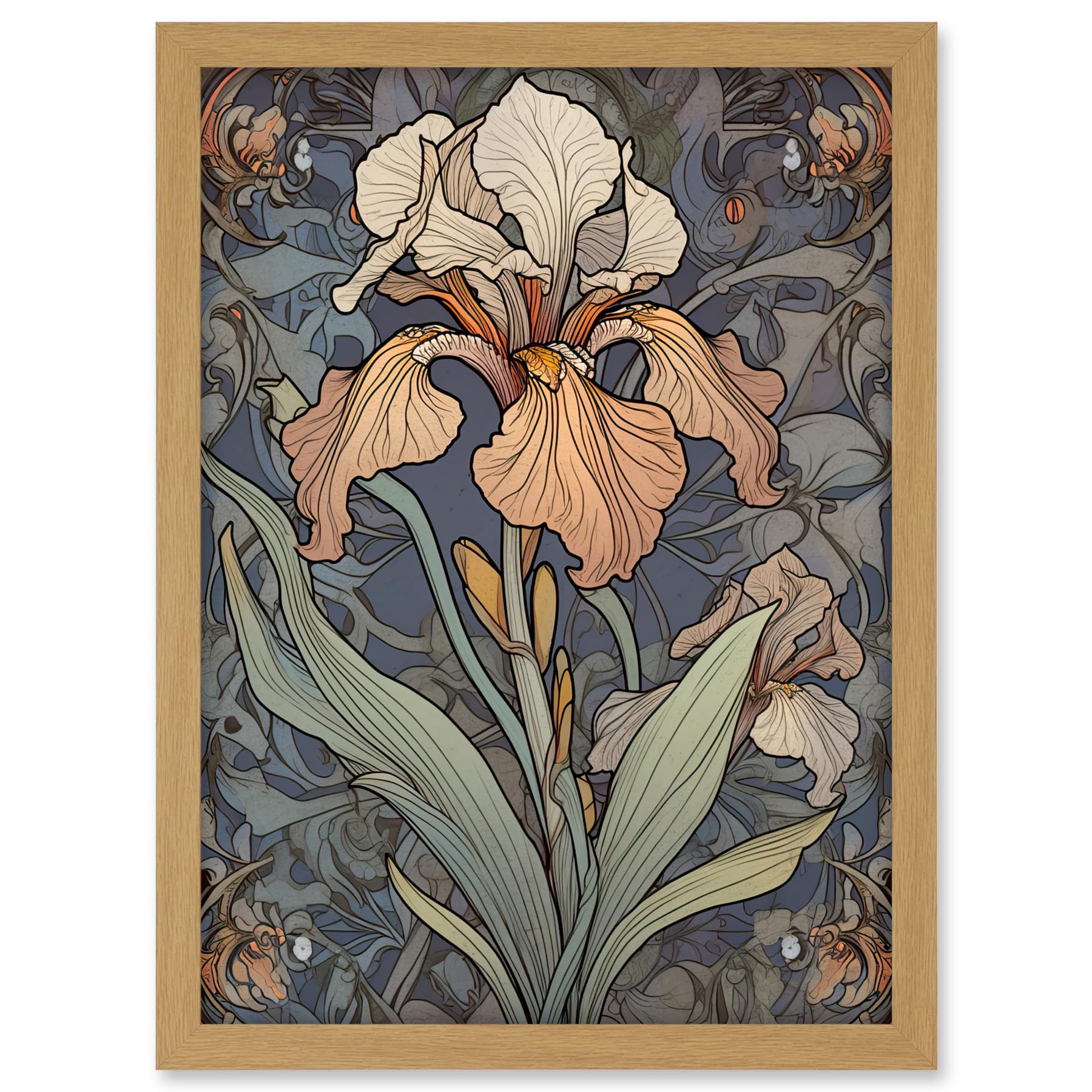 Artery8 Art Nouveau Style Iris Bloom Flower Watercolour Artwork Framed A3 Wall Art Print
