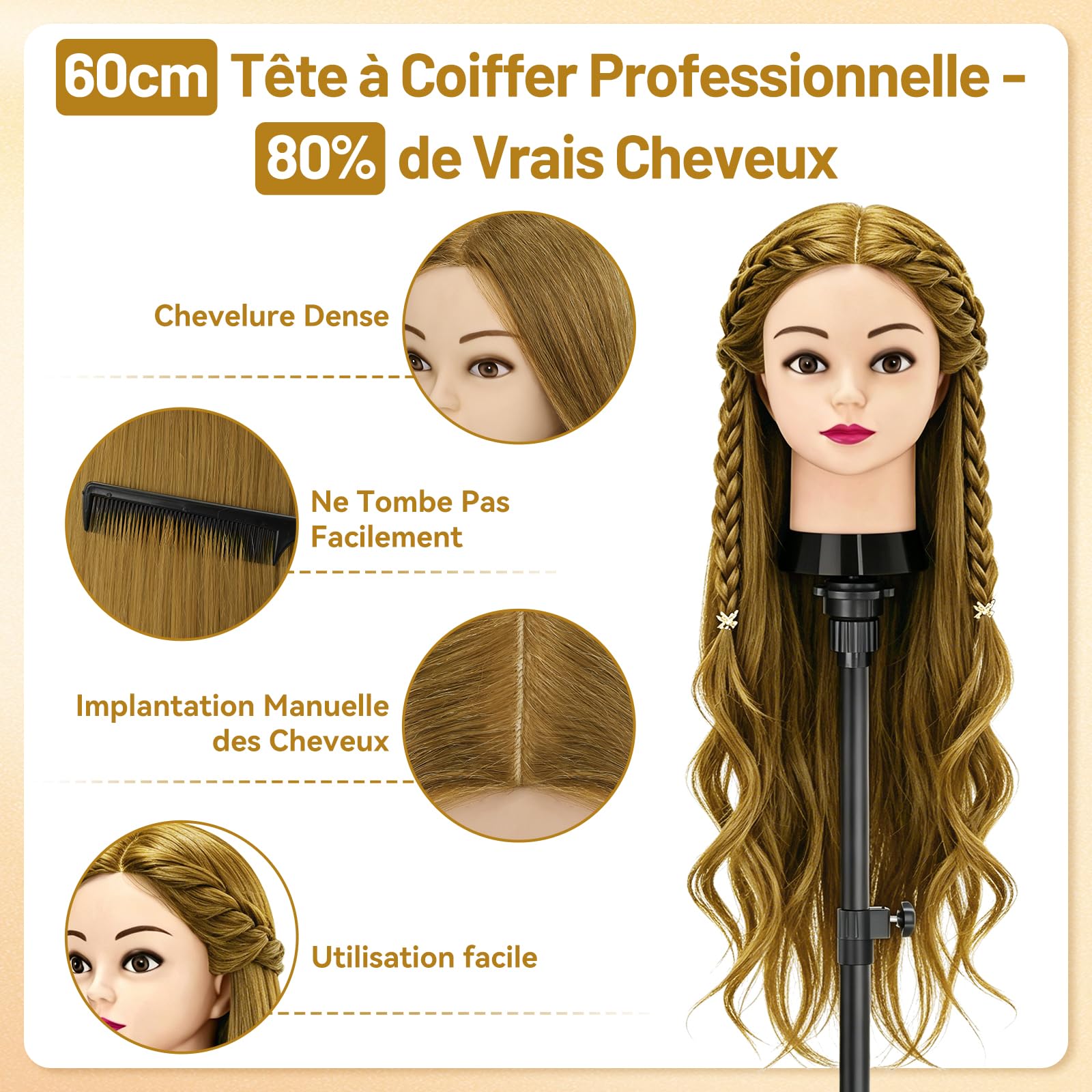 TwoWin 60cm Tête à Coiffer Professionnelle, Tete a Coiffer 80% Vrai Cheveux