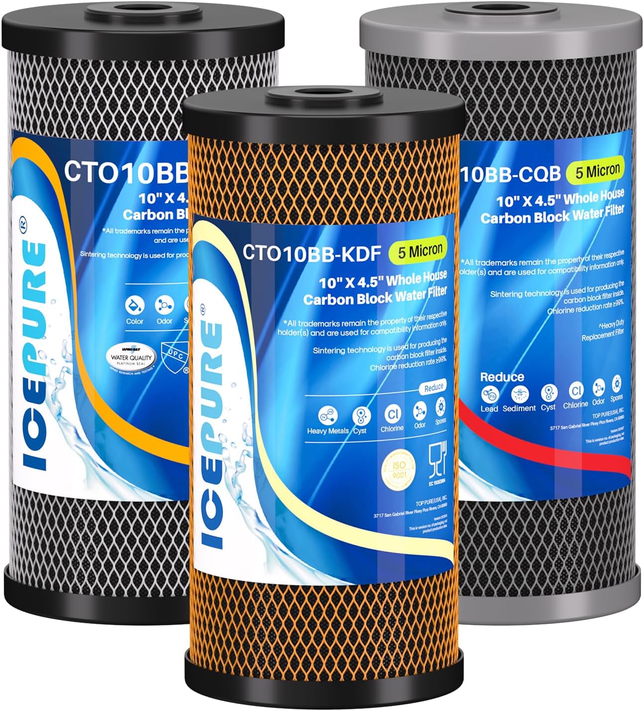 ICEPURE 4.5"x 10" Whole House Water Filter Set, 3-Stage Water Filtration System Combo Kit with Activated Carbon Block, KDF Cartridge and Upgraded Activated Carbon Heavy Metal Remove Filter, Pack of 1