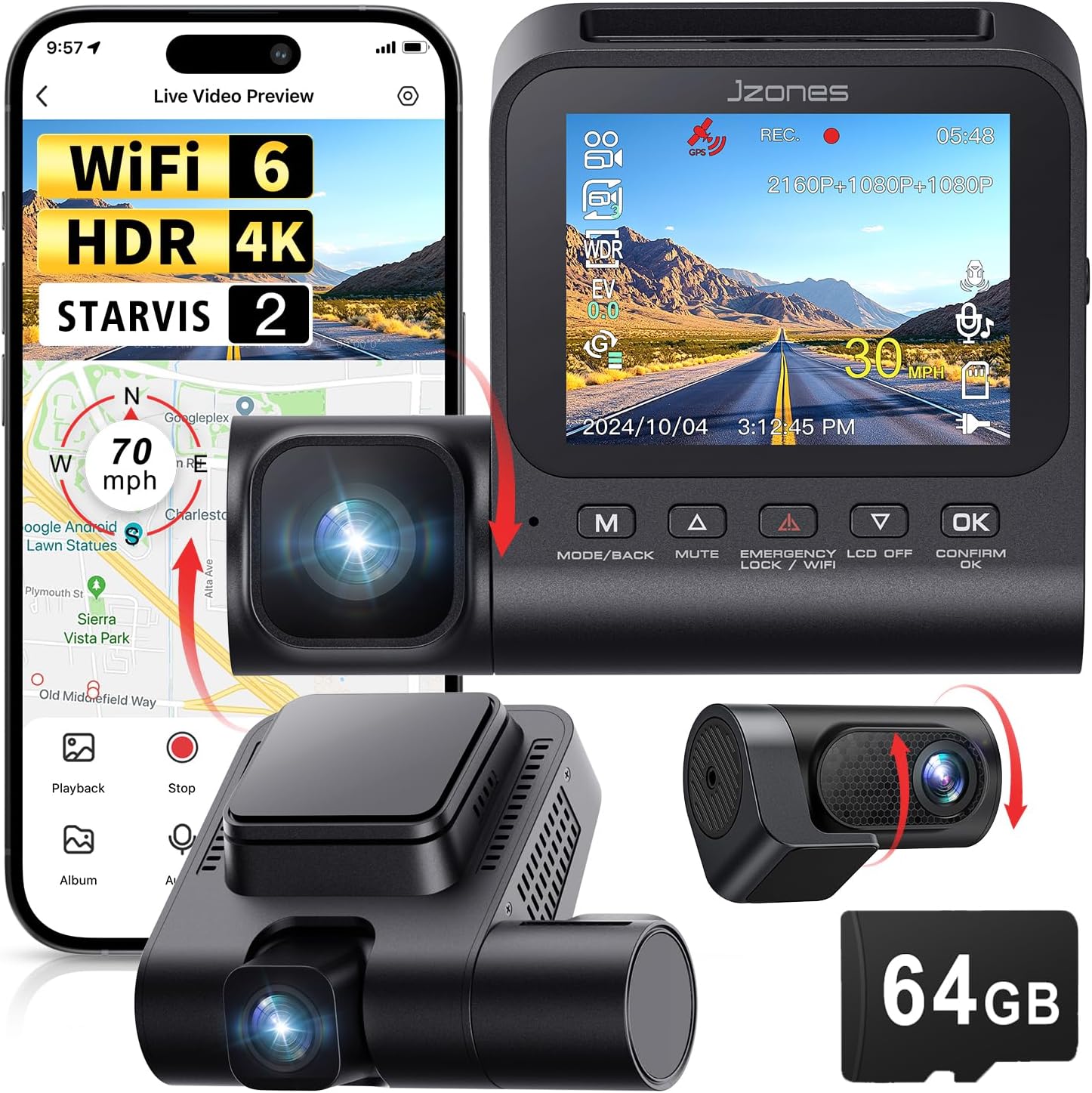 - 3 Channel 4K Dash Cam, Dash Camera for Cars with STARVIS 2 HDR Night Vision, 4K+1080P+1080P Front Inside and Rear Triple Car Camera, GPS, 24H Parking Mode, Free 64GB Card