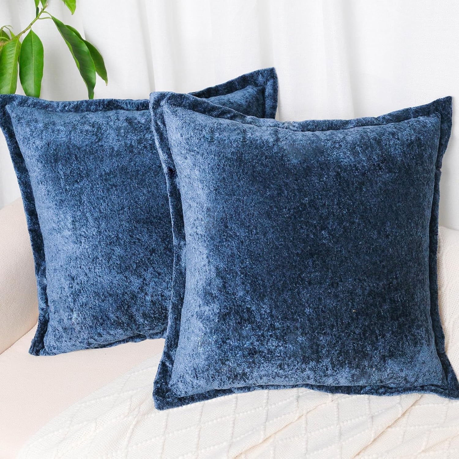 Pack of 2, Navy Blue Velvet Throw Pillow Covers 18x18 Inch Decorative Pillowcase Chenille Boho Farmhouse Cushion Covers Soft Texture Couch Cushion Case for Couch Sofa Bedroom Living Room - Image 2