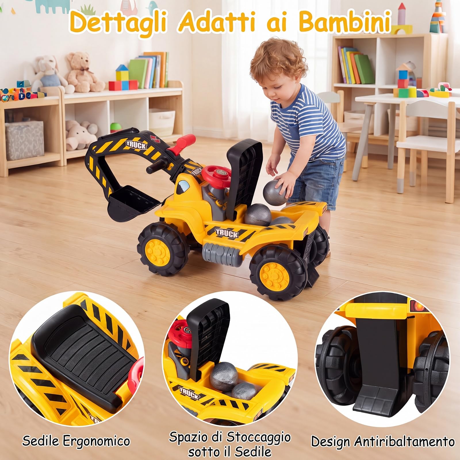 COSTWAY 3 in 1 Escavatore Cavalcabile per Bambini 2+ Anni, Carico 25 kg | Ruspa Giocattolo per Bambini con Suoni Realistici, Seduta con Vano Portaoggetti, Pietre, Casco e Gilet, per Casa Asilo
