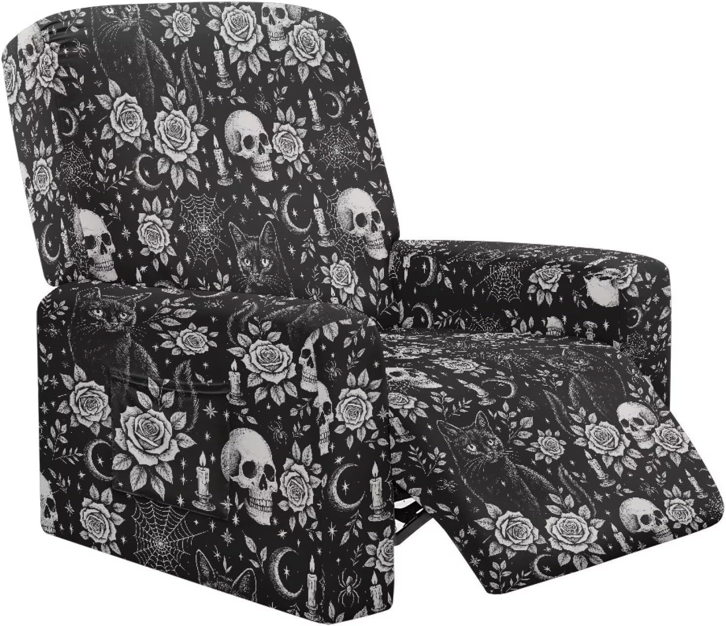 GLENLCWE Skull Recliner Slip Cover Halloween Recliner Covers Oversize Chair Protectors with Elastic, Black and White Rose Couch Covers for Sofa for Pets Living Room Home Theater