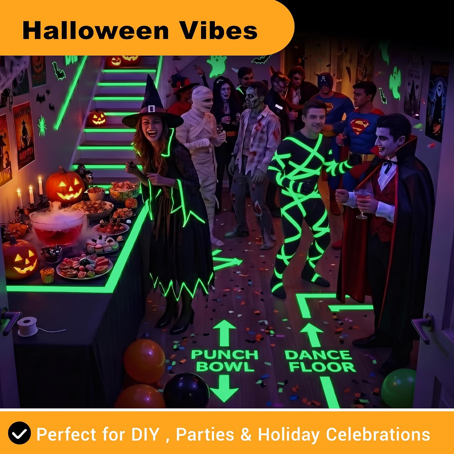 High Brightness Glow in the Dark Tape for Safety Marking, Halloween Deco, Art Craft DIY and Party Accessories. Non-Toxic Adhesive, Waterproof Rechargeable Fluorescent Green Glow Tape (1 in X 30 ft)
