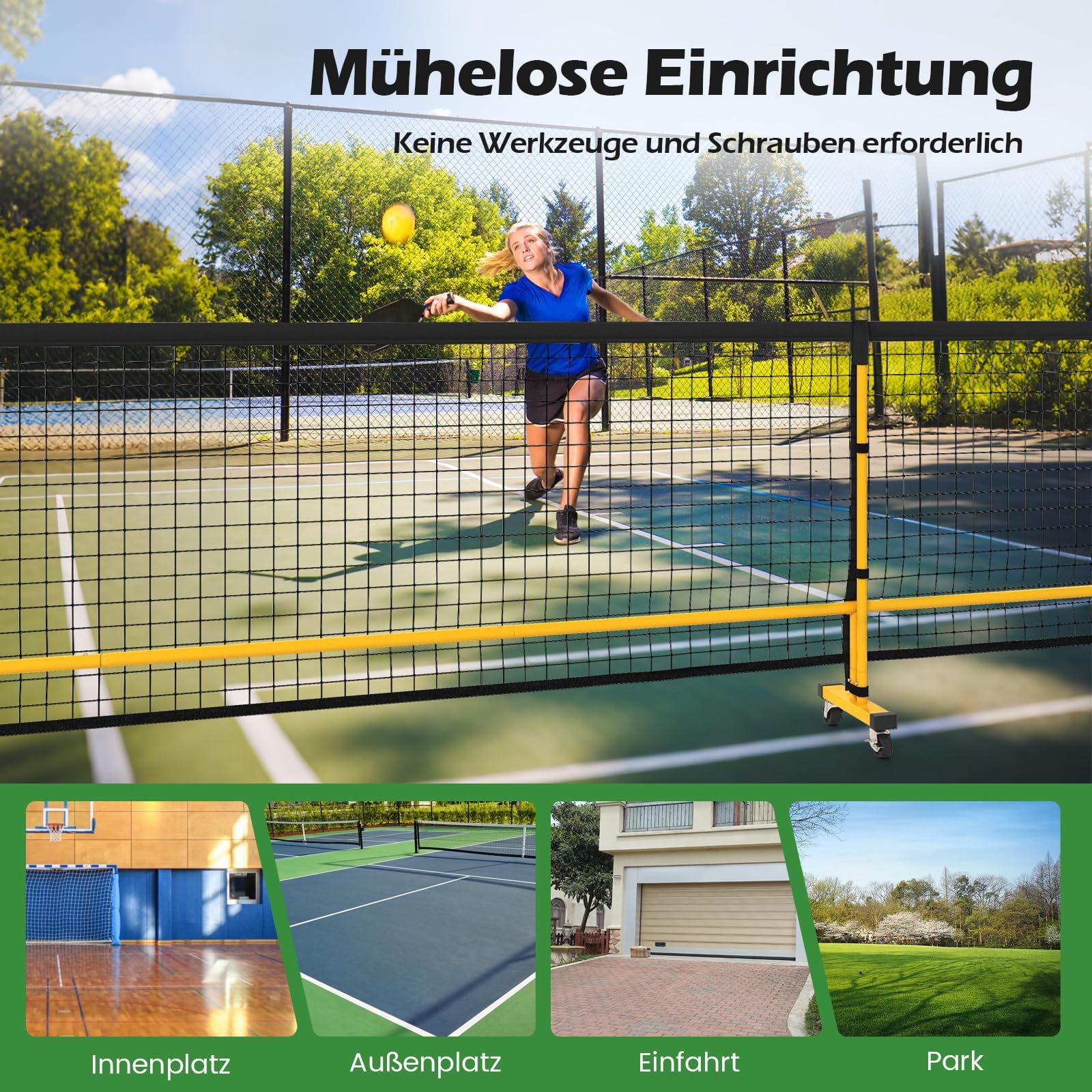 COSTWAY Pickleball Netz tragbar mit Rollen, 6,7 m Pickleball-System in offizieller Größe mit Metallrahmen & Tragetasche, Tennisnetz Outdoor wetterfest, Volleyballnetz für Hinterhof, Auffahrt