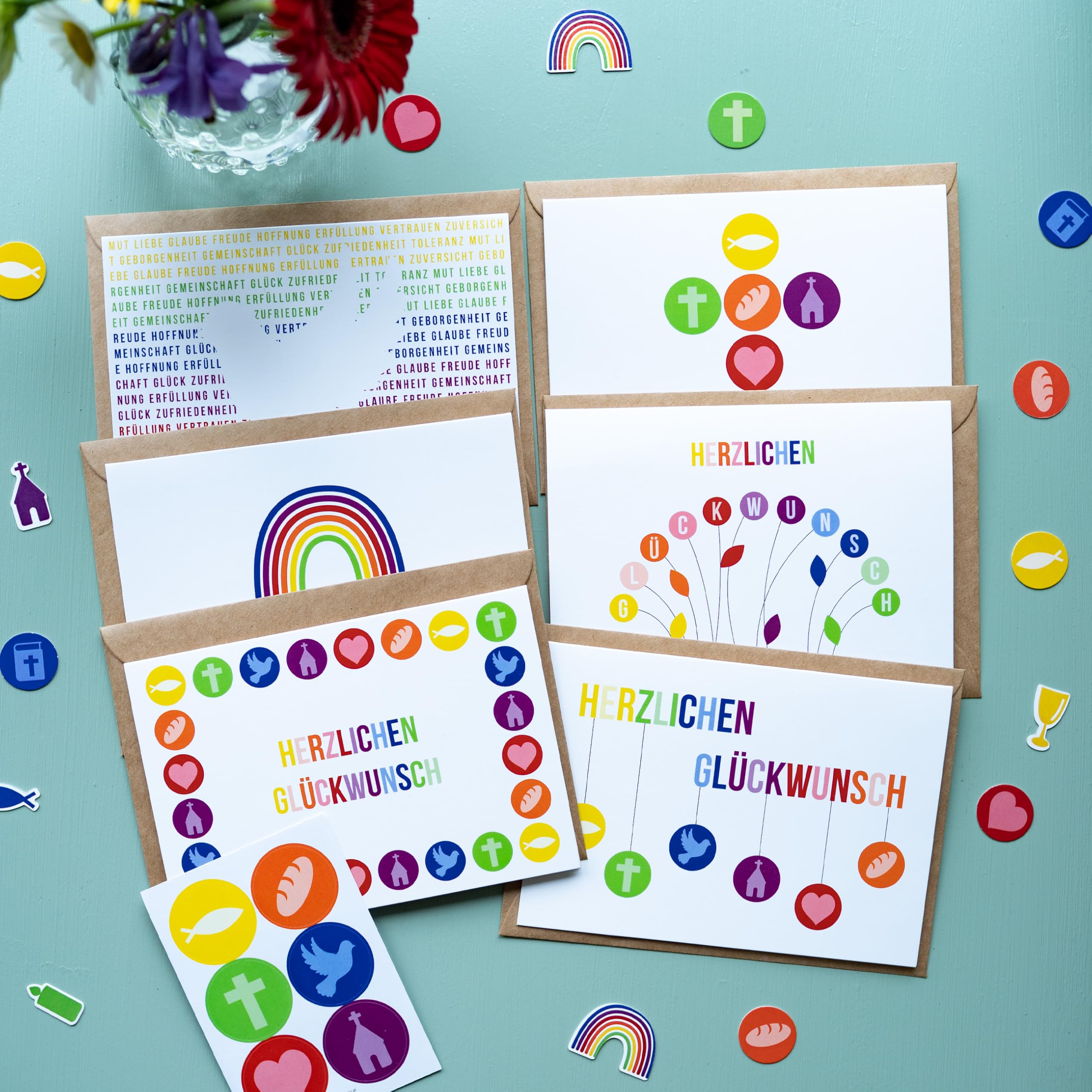 Papierdrachen 6 Greeting Cards for Christian Celebrations such as Christening, Communion, Confirmation, Rainbow Motif - Image 2