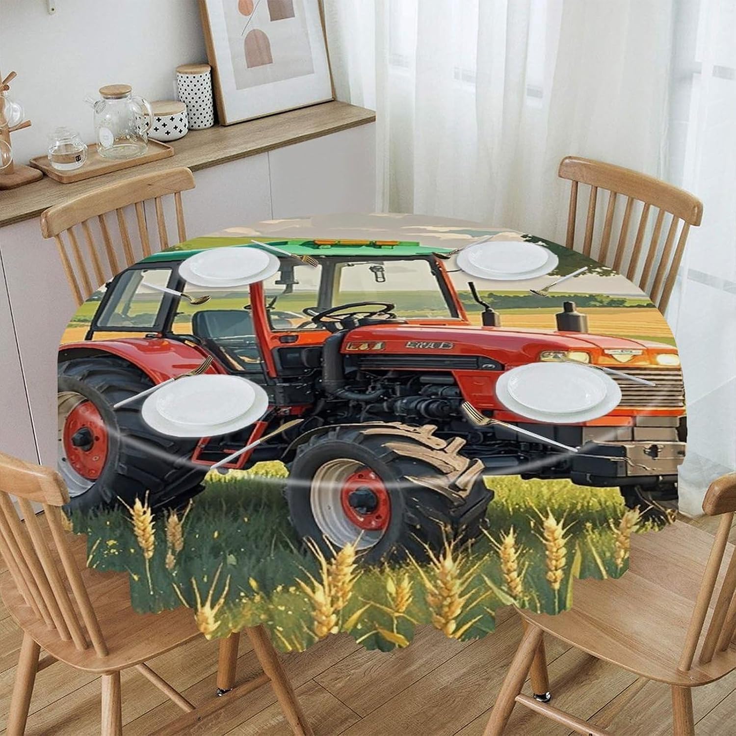 60 Inch Round Tractor Theme Tablecloth Waterproof Heavy Duty Polyester Table Cloth Spill-Proof Wipeable Table Cover Decorative Circle Dining Tablecover for Party Outdoor