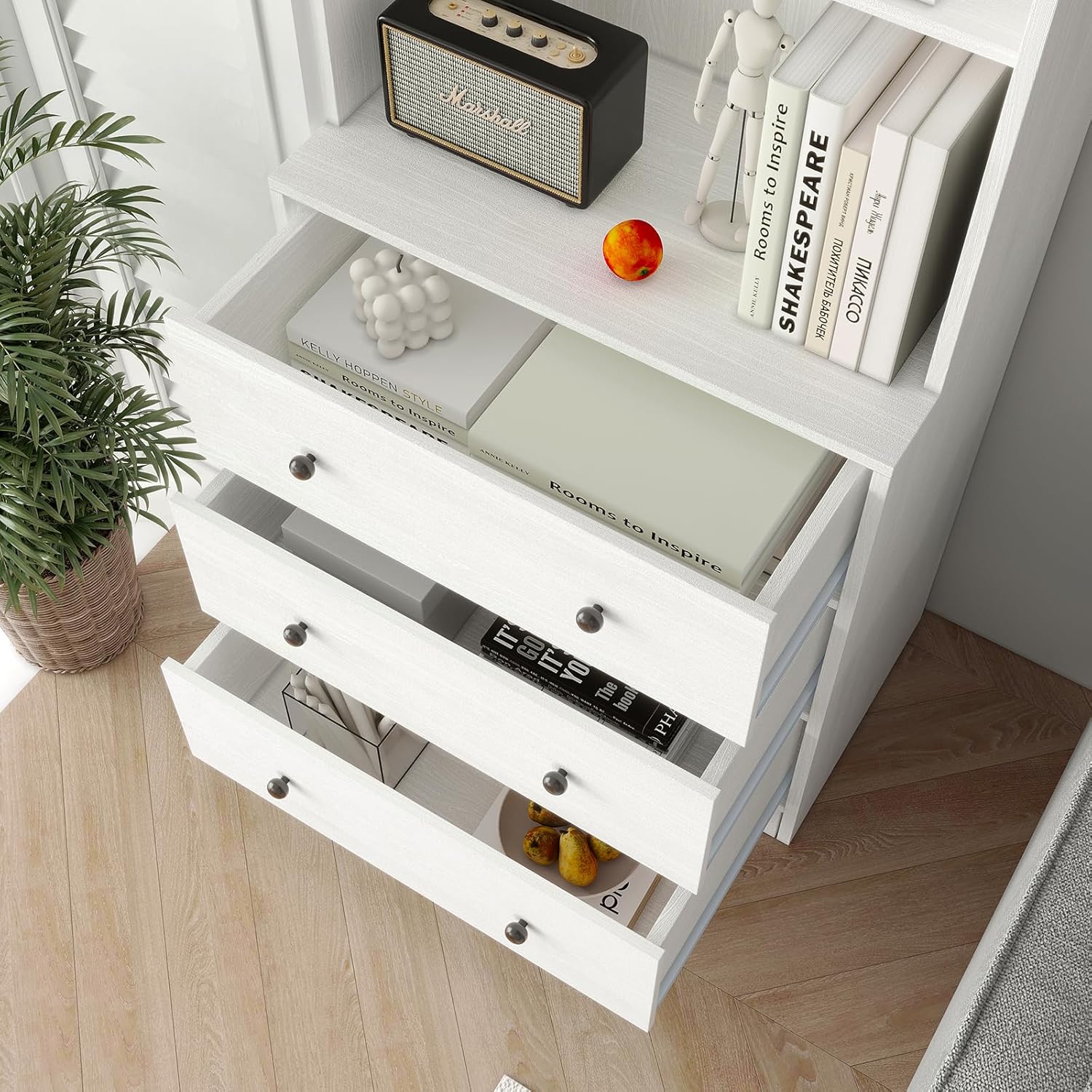 TUSY 71'' Wood Bookshelf with 3 Drawers - 6 Tier Freestanding Tall Storage Cabinet, Modern Floor Cabinet for Bedroom, Curio Cabinets with Storage for Living Room, Home Office (1, White)