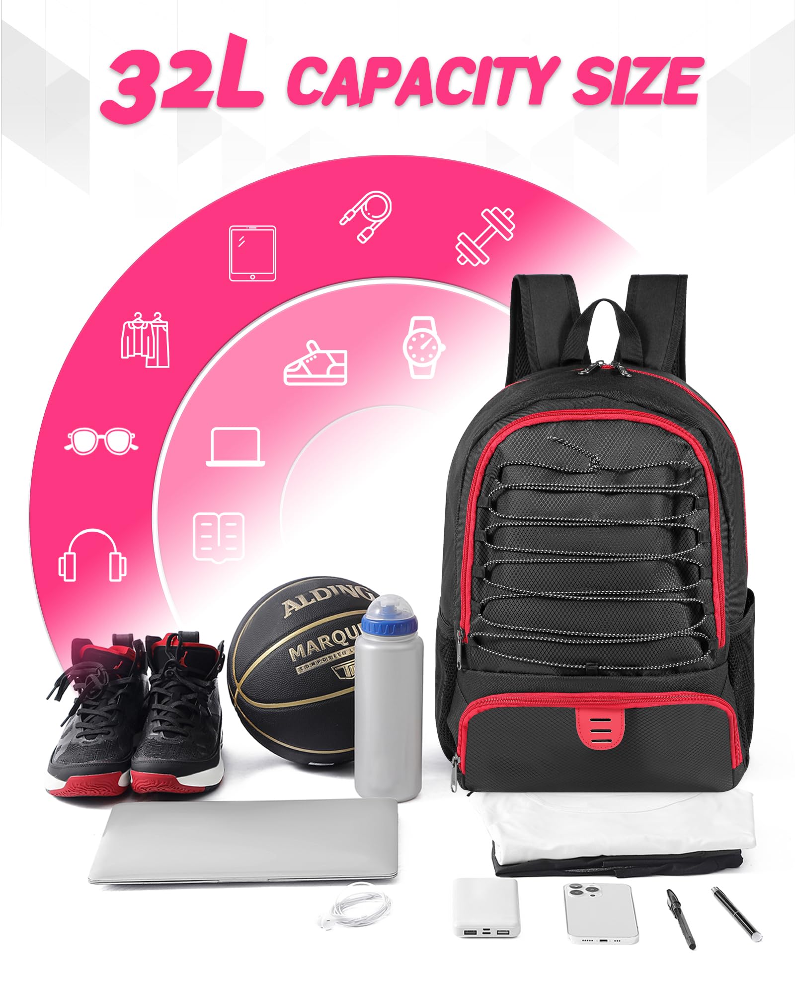 TRAILKICKER Mesh Black Basketball Soccer Bag Backpack Sports Volleyball Football Bag with Ball and Shoe Compartment for Boys Girls Man Women Ball Equipment Bag All Sports Venue