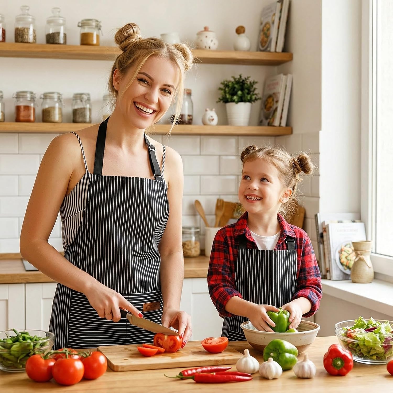4 Pack Parent and Child Aprons Set, Adults Kids Matching Stripes Apron Adjustable Kitchen Aprons with 2 Pockets