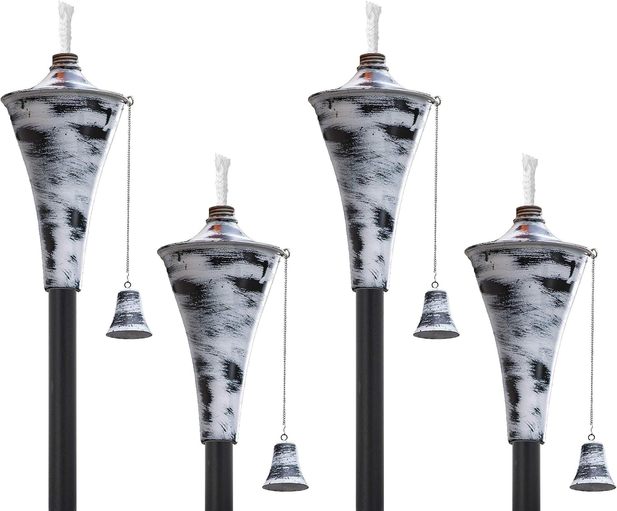 Set of 4, Oahu Premium Metal Outdoor Torches for Patio, Lawn and Garden - Tiki Style Metal Torch/w Snuffer, Fiberglass Wick & Large 16oz Oil Lamp - 53" Tall (Whitewash)