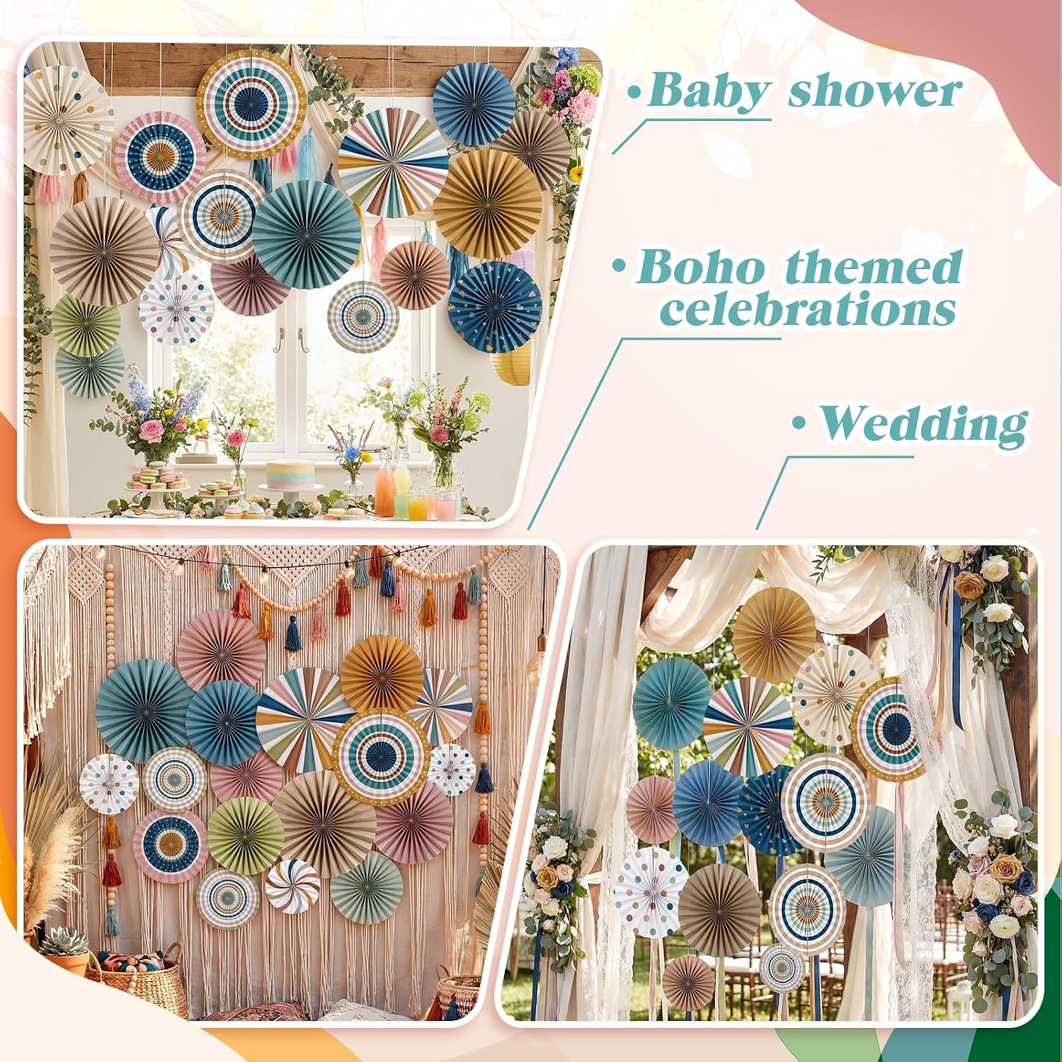 18 Pcs Boho Paper Fan Decorations Colorful Boho Hanging Paper Fans Round Garlands Bulletin Board Decor for Party Wedding Birthday Baby Shower Classroom Wall Decor