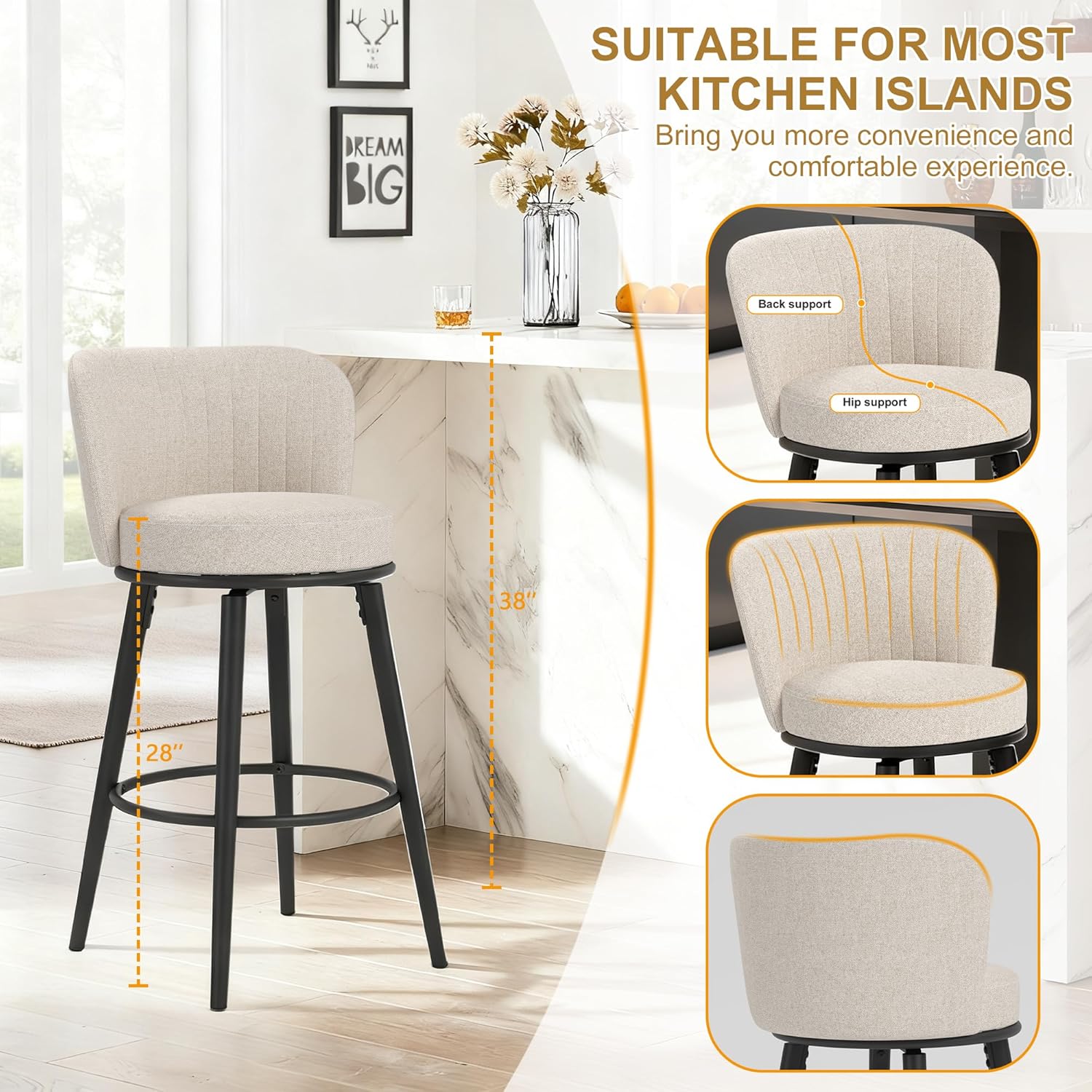 Swivel Bar Stools Set of 2, 28" Counter Height Bar Stools with Metal Legs and Back, Modern Ergonomic Design Upholstered Counter Stools for Kitchen Island, Bar, Cafe,Restaurant