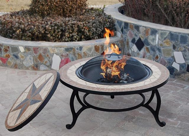 3 IN 1 GARDEN BBQ FIRE PIT For Wood, Fire and Cooking Charcoal Barbeque Grill Kit, Large Round Mosaic Ceramic Table Top, Outdoor Space Heater, FIREPIT Bowl for Patio Heating with Rain Cover