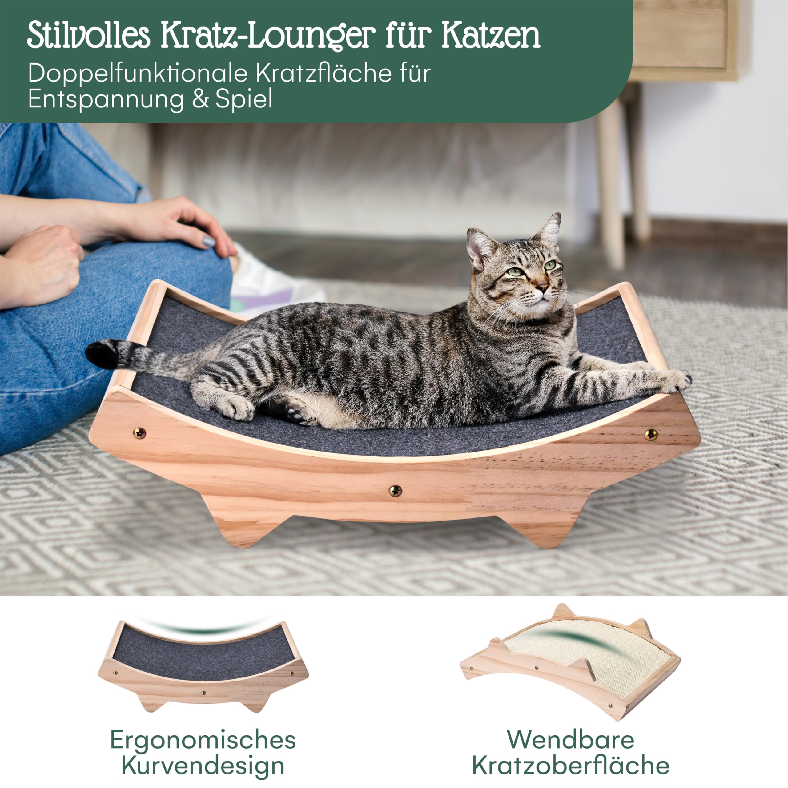 Pfotenolymp Katzenkratzbrett - Doppelseitig Haltbarer Katzen Kratzmatte - Holzstruktur Kratz Pads Katzenliege- Geflochtener Sisal + Teppichstoff Doppelseitige Katzenliege - 42 x 27.5 x 12cm