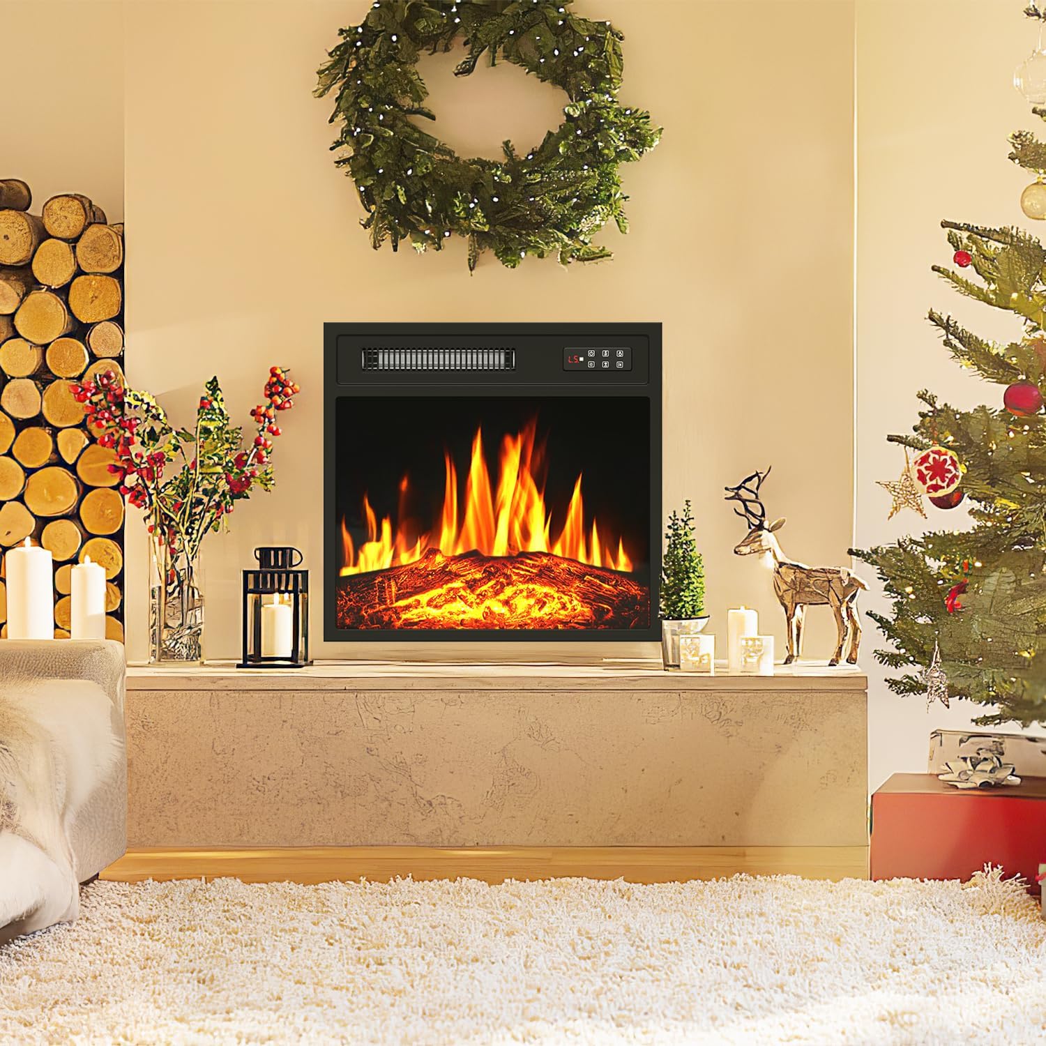 18" Electric Fireplace Insert, Recessed Fireplace Heater with 8H Timer, Remote & Control Panel, Fireplace Insert for TV Stand with Adjustable LED Realistic Flame, 750/1500W