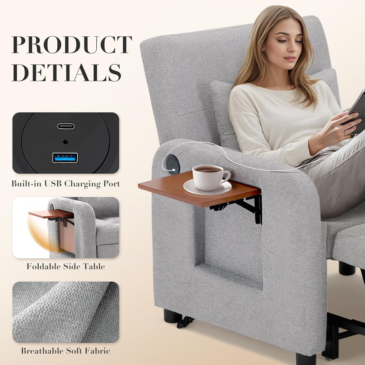 Convertible Sleeper Chair Futon Sofa Bed USB Port Foldable Table Adjustable Backrest Lightgrey