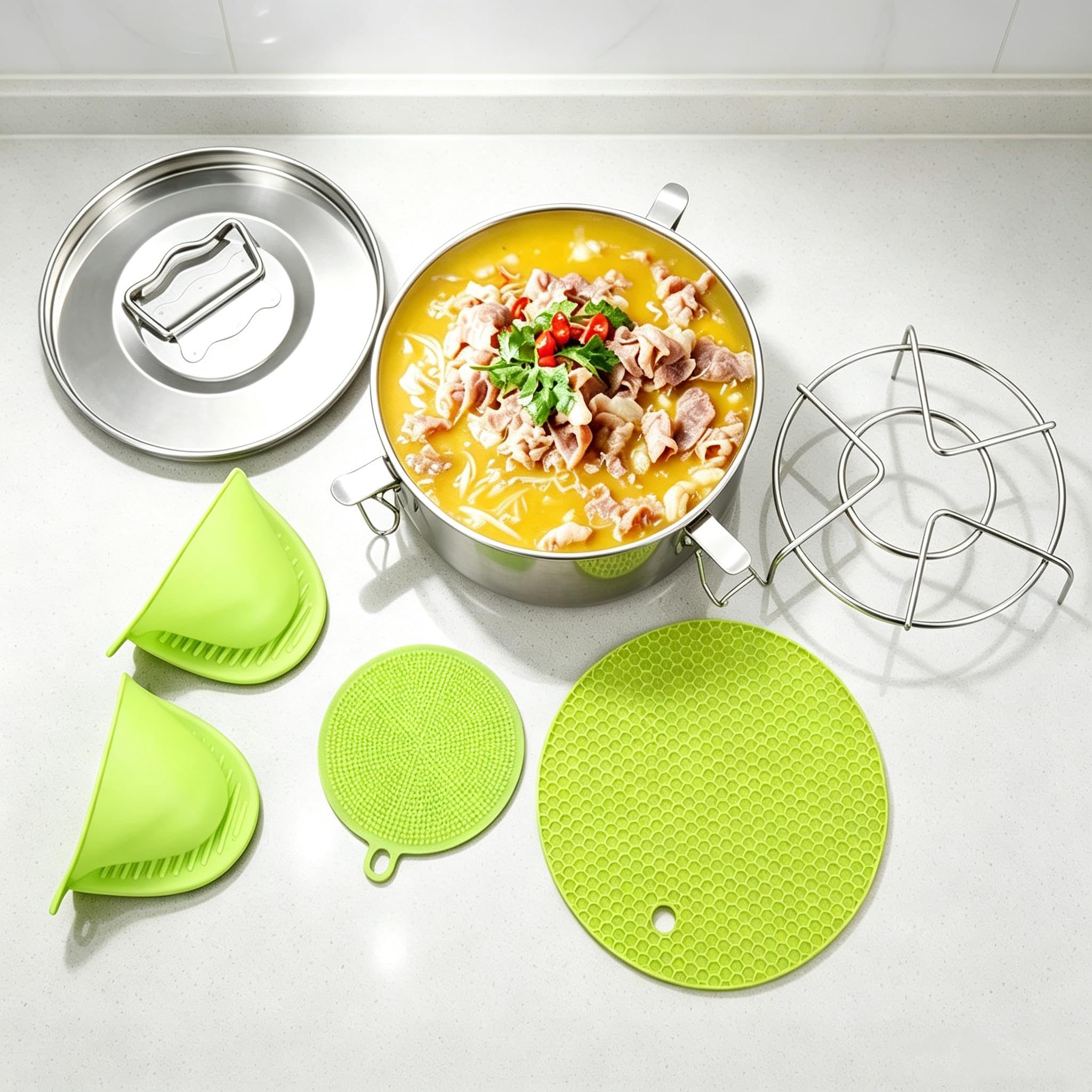 Juego de 6 moldes para flan, sartén de acero inoxidable con estante, almohadilla térmica de silicona, mini guante de horno, molde de flan de flanera de 1,786 g con tapa para olla instantánea de 3, 6
