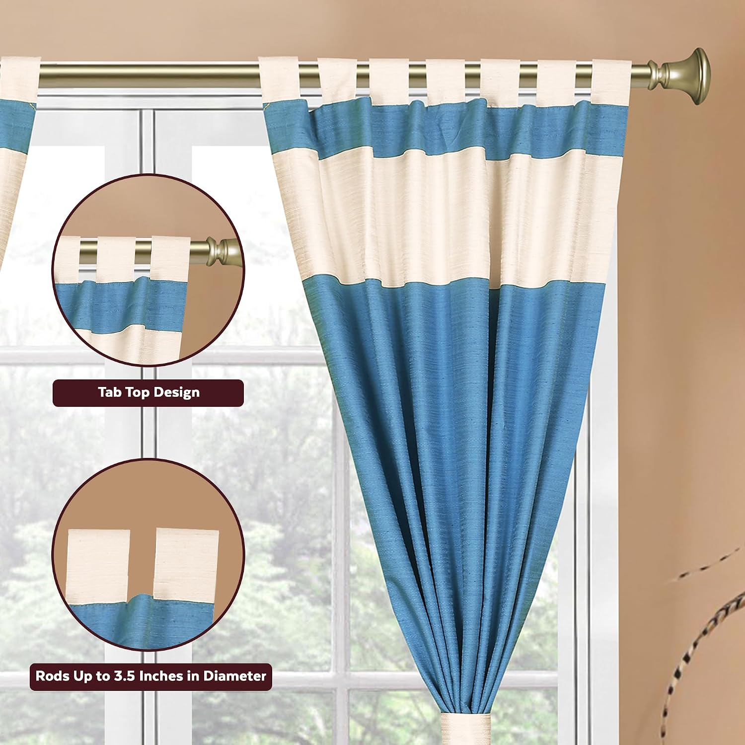 Elegant 6-Piece Silk Curtain & Cushion Set Two-Tone Turquoise Cream, Tab Top Header style Machine Washable, 43"W x 108"L Panels, 2 Cushion Covers, Handcrafted Blended Raw Silk for Living & Dining Room