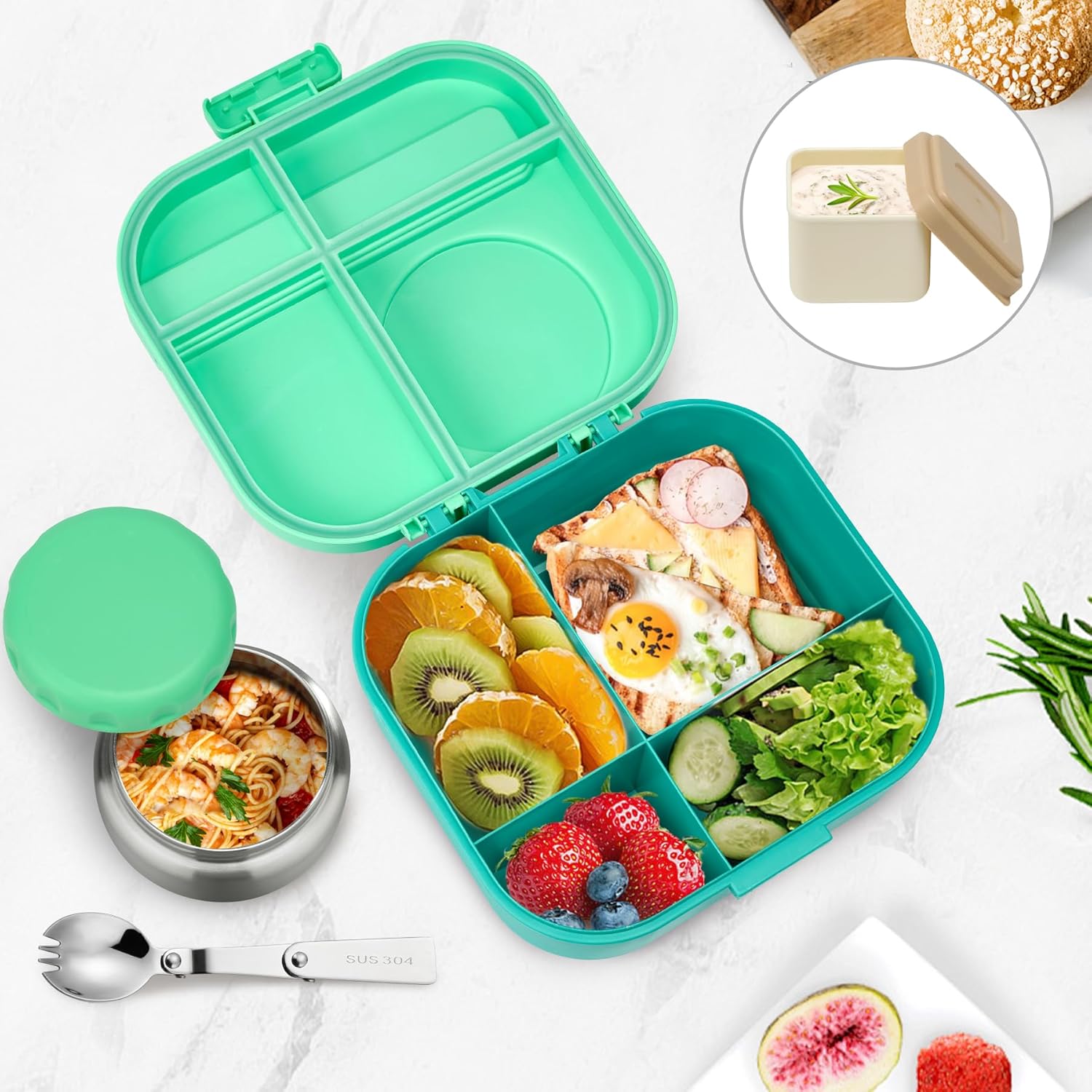 Bento Lunch Box for Kids with 12oz Soup Thermo,4 Compartments Lunch Box Containers Kids, Includes Foldable Spoon &Sauce Jar, BPA Free&Leak proof,Insulated Food Jar for Travel,School,Picnic - Image 2