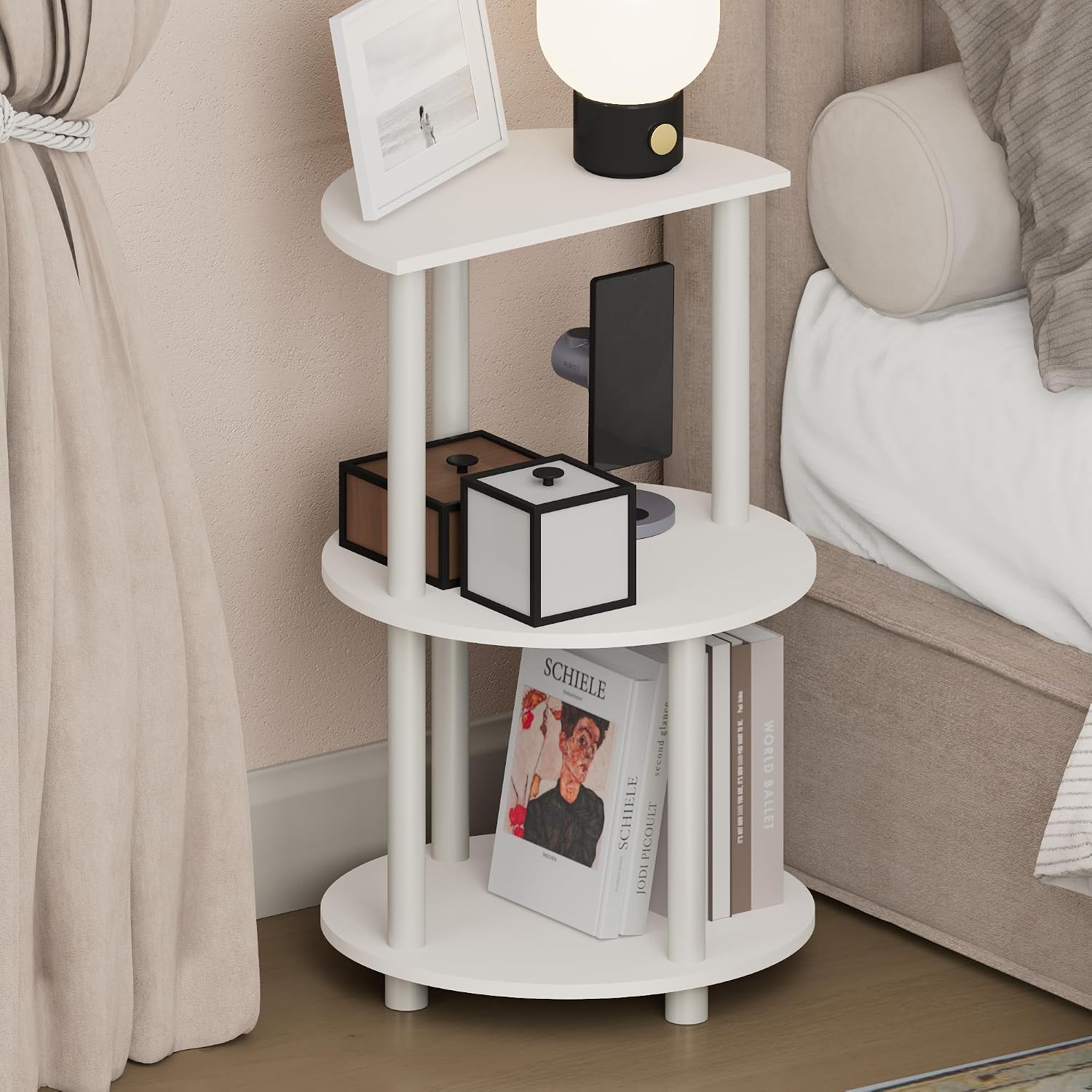 Furinno Turn-N-Tube Night Stand, 3-Tier Round Nightstand, Half Round Table Top Bedside Table, Toolless Side Table, End Table with Open Shelf, for Bedroom, Living Room, White