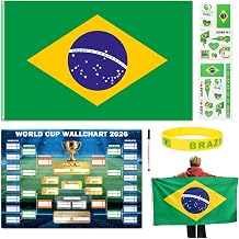 2026 Soccer Fan Accessories with Large 3 x 5 ft Flag, World Cup Bracket Poster, Stickers, Marker &amp; Bracelet, World Cup Decorations Fan kit for Soccer Watch Party, Stadium and Home Cheering(Brazil)