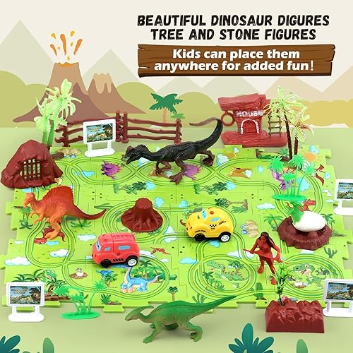 Miniatura 4 de Juego de rompecabezas de dinosaurio para niños de 3 a 5 a 7 años, juguetes educativos con 2 carriles, figuras de dinosaurio, árboles y rocas,