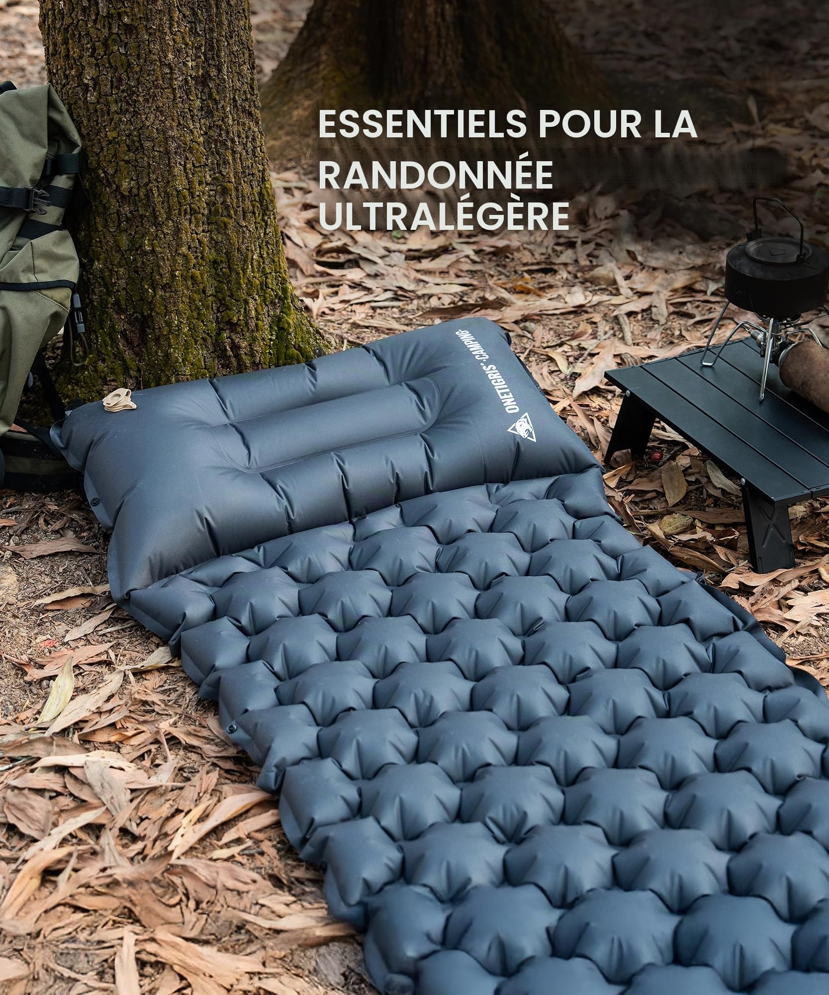 OneTigris BLACKCRYSTAL Matelas isolant autogonflant ultra léger, oreiller et matelas gonflable compact pour tente, camping, tourisme et randonnée