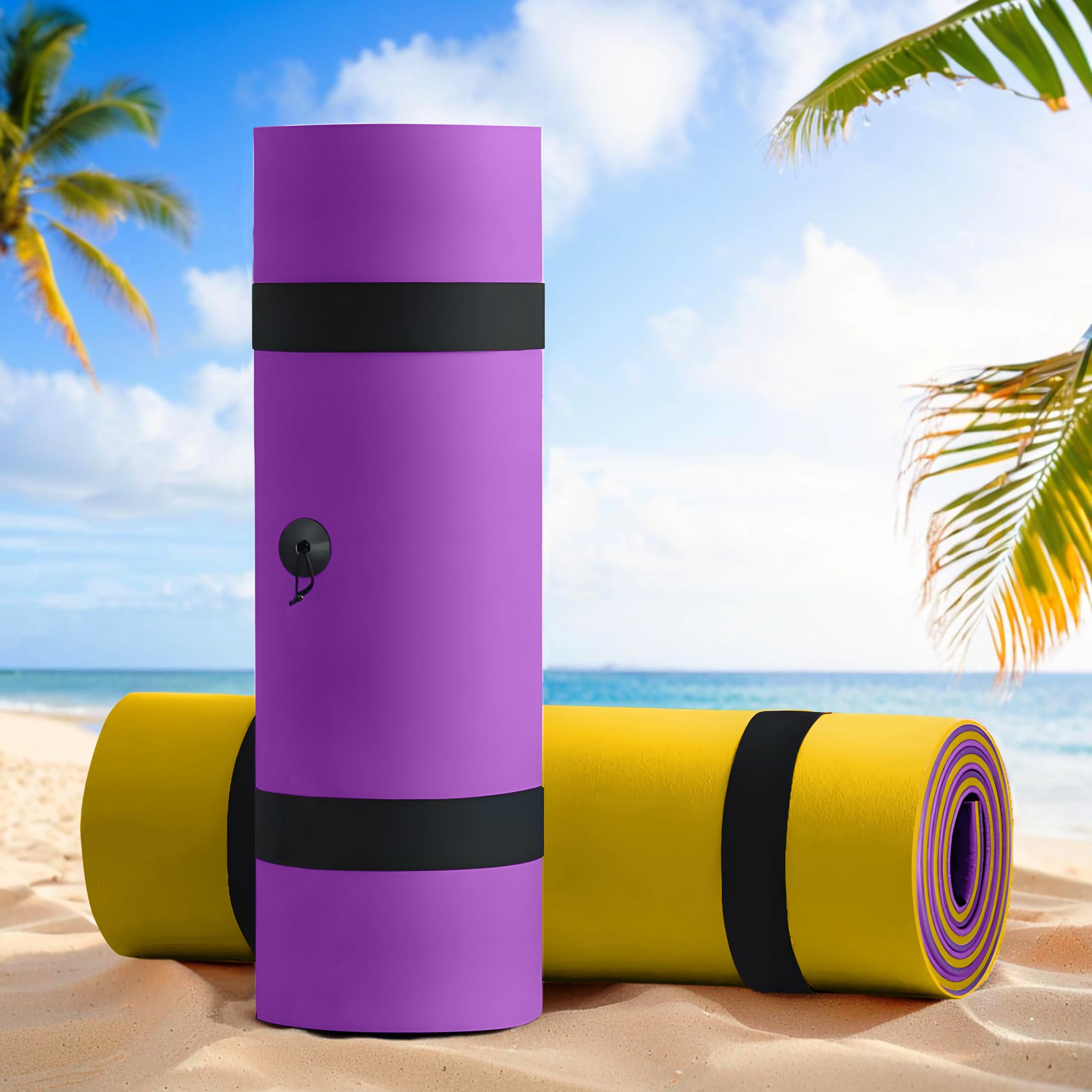 8x3 FT Floating Mat, Lily Pad Floating Water Mat 3 Layers XPE Foam, Foam Pad with Rolled Pillow for Water Activities and Relaxing on Pool, Beach, Ocean, Lake (Purple&Yellow)