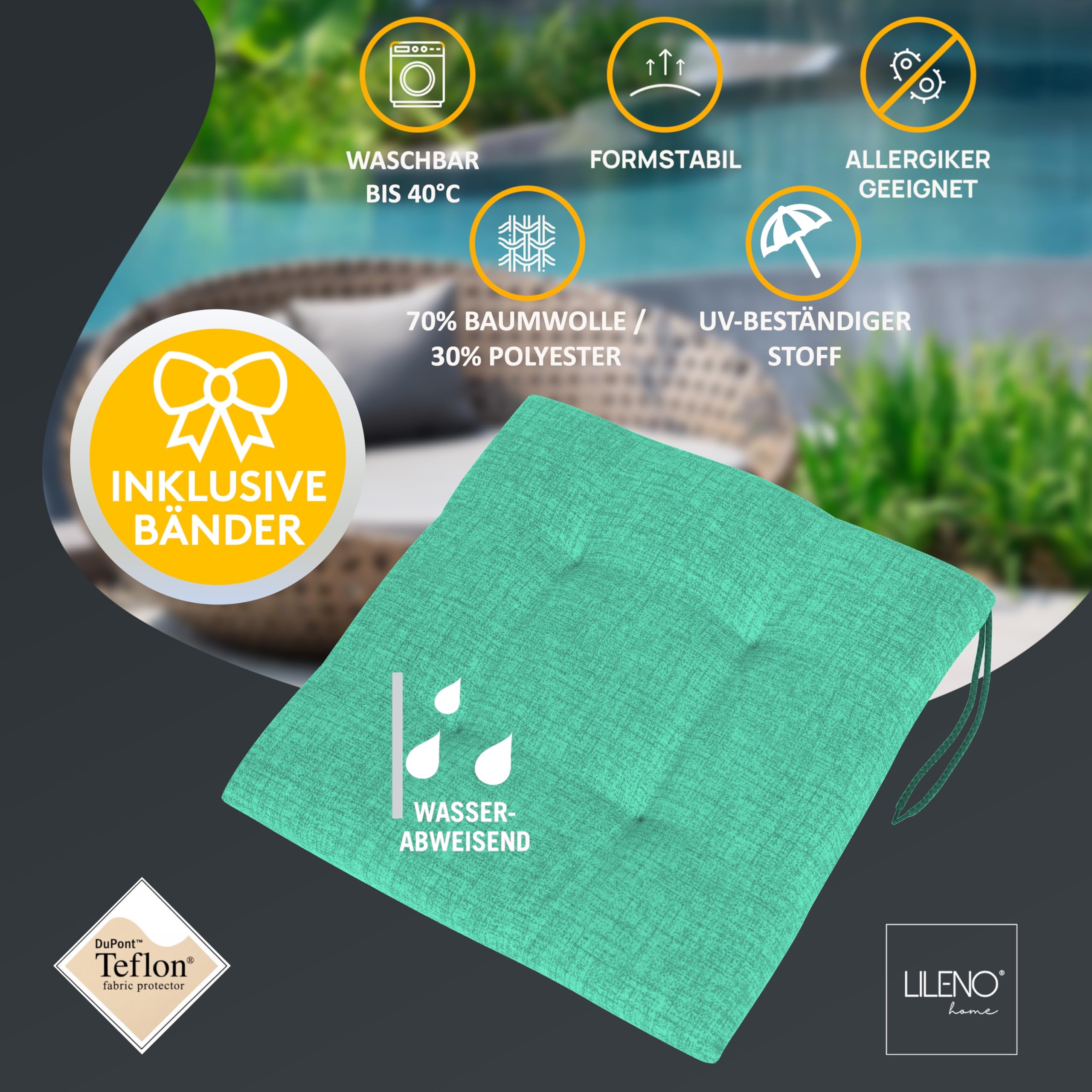 LILENO HOME 6er Set Stuhlkissen Türkisgrün (40x40x4,5 cm) - Sitzkissen für