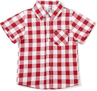 OCHENTA Boys Plaid Shirt Short Sleeve Button Down Kids Summer Casual Buffalo Check Tops School Uniform Outfits 18M-11Years