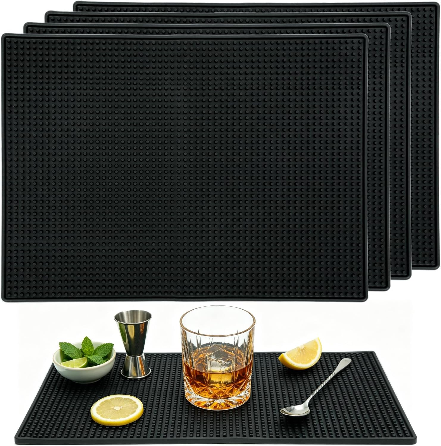 Bar Mat Set of 3 Rubber Bar Service Spill Mat for Cocktail Bartender Coffee Bar or Countertop Mats Glass Drying Mat (Black, 18" x 12"+23" x 3"+12" x 6")