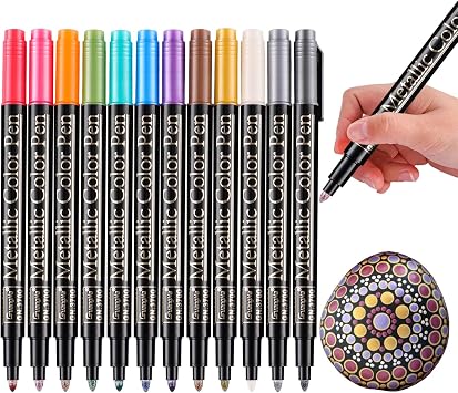 Sunshilor Metallic Marker Pens, 12 Colors Medium Point Metallic Pens Paint Markers for Black Paper, Rock Painting, Card Making, DIY Photo Album, Scrapbook Crafts, Metal, Wood, Ceramic, Glass