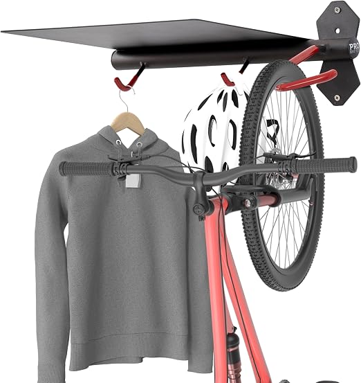 PRO BIKE TOOL Bike Wall Mount with Storage Shelf – Vertical Bike Rack Wall Mount for Garage, Indoor Bicycle Storage Hanger, Space Saving Bike Holder for Road, Mountain & Hybrid Bikes