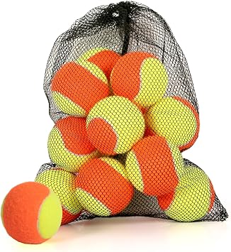Youth Felt Tennis Balls, Low Compression for Kids, Beginners | 2.5 in; 12/18/24/30/40/60 pack options; rubber core; mesh carry bag included; for serving drills and outdoor practice