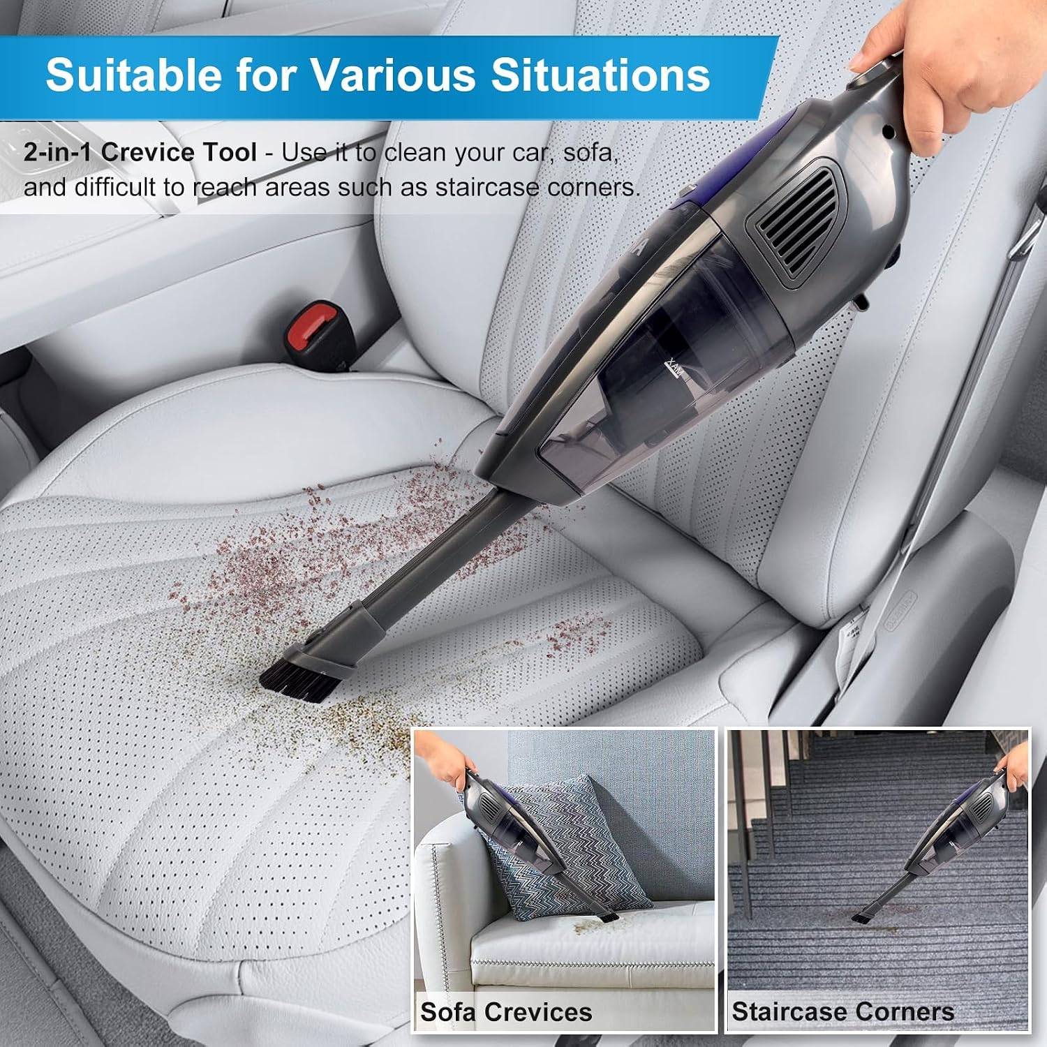 Akitas U10 handheld vacuum cleaning a car seat, with insets showing cleaning a sofa and staircase