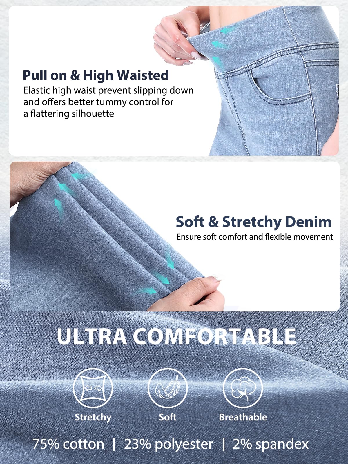 Straight Jean Femme, Pull on Jeggings Taille Haute et Jambes Droites avec Poches,Mode Slim Fit Pantalon Denim Leggings Large Stretch