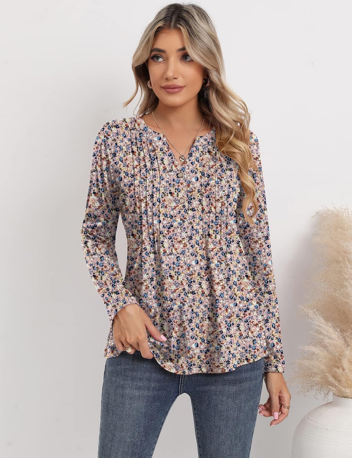 3/4 Sleeve Tops for Women V Neck Henley Long Sleeve Dressy Casual Shirts Ladies Loose Button-up Blouses Tunic - Image 2