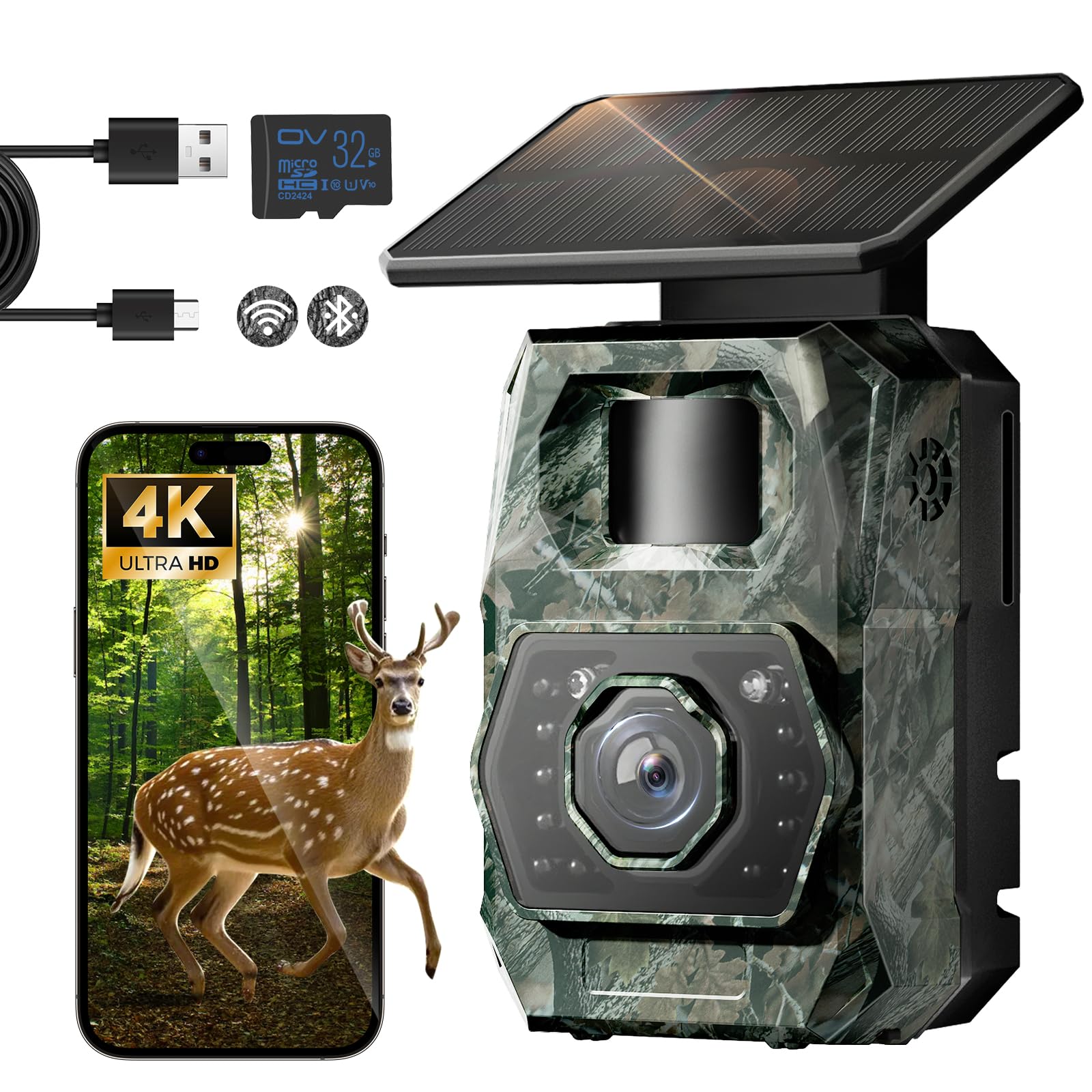 MAXDONE Wildkamera Mit Handyübertragung App, 4K 64MP Wildlife Camera solar nachtsicht bewegungsmelder 0.1s Trigger Time Wildlife Cameras Bluetooth Night Vision Camera IP66 inkl. 32GB SD-Karte