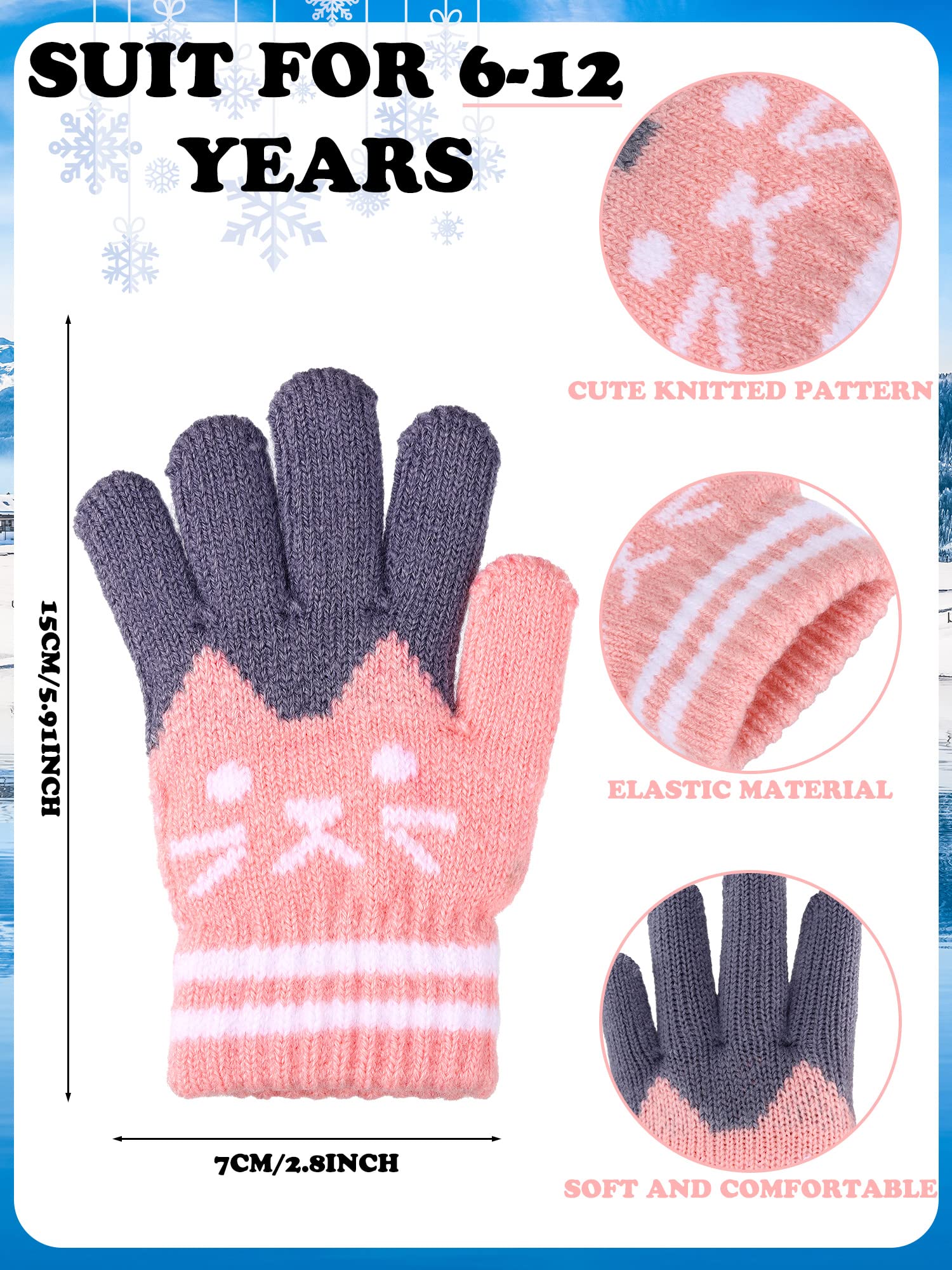 SATINIOR 2 Pares Guantes de Punto para Niños 6-12 Años Guantes de Invierno de Gatos Lindos Guantes Térmicos, Negro y Rosa