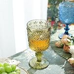 Joeyan 300ml Green Vintage Glass Wine Goblet, Romantic Geometric Embossed Drinking Glasses, Heavy Stemmed Wine Glasses for Christmas Party Wedding Table Decor, Set of 4, Dishwasher Safe