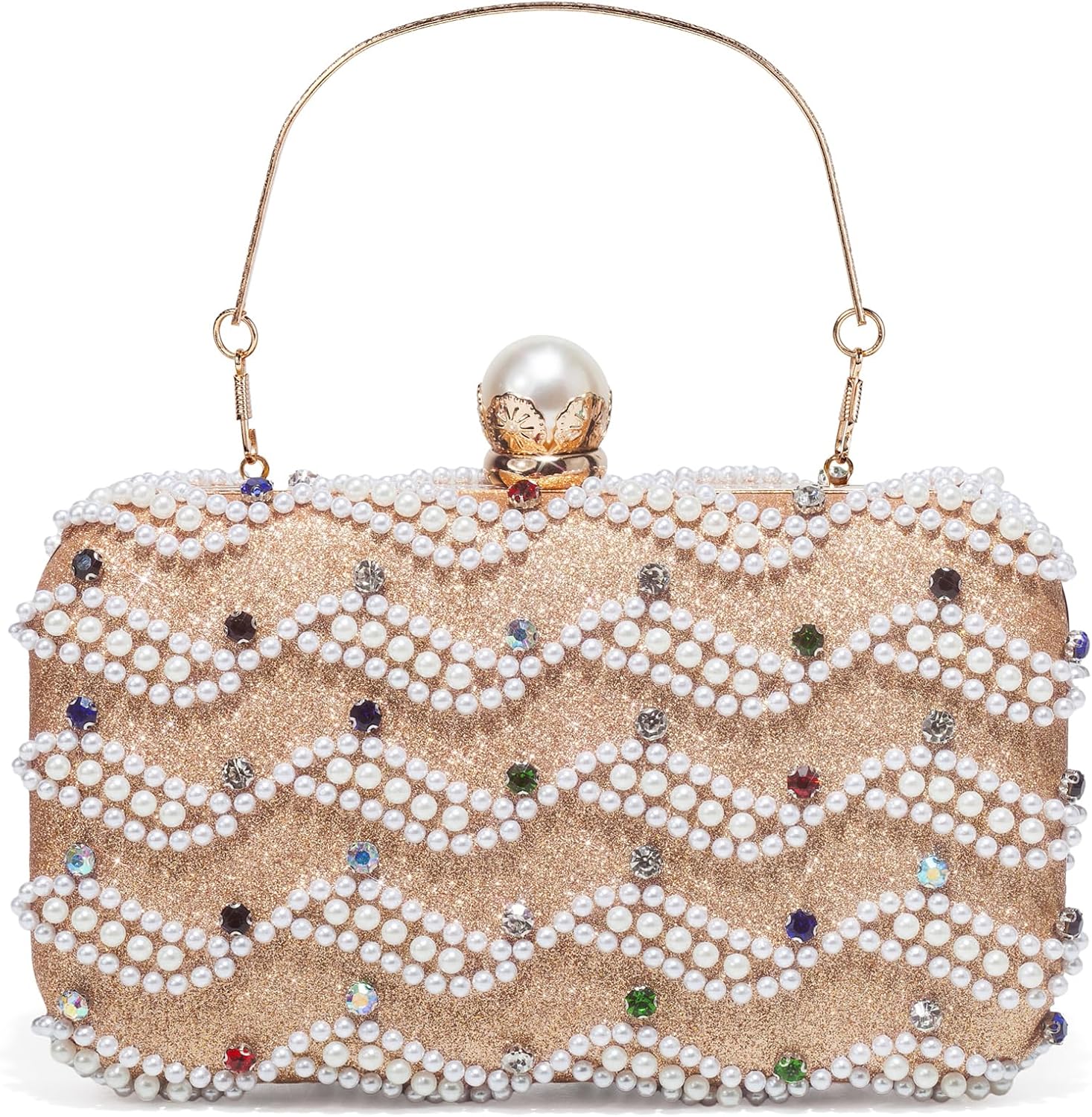 Rhinestone Evening Clutch for Women - No Glue Odor, Shimmering Formal Handbag with Detachable Chainfor Wedding, Prom, Party | 4-in-1 wearing, Double sided pearls, Handmade inlay