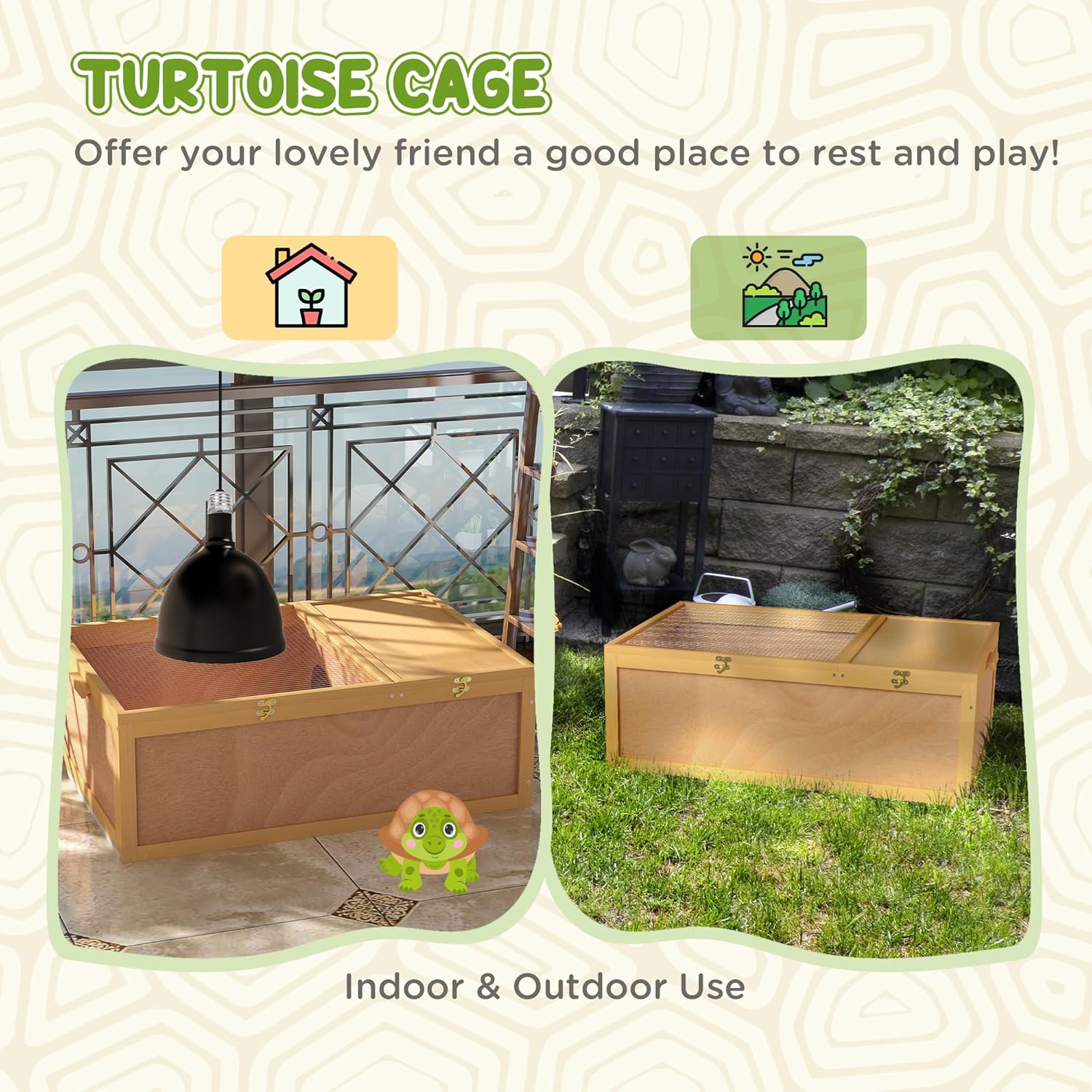 PawHut 94 cm Wooden Tortoise House Turtle Terrarium/Small Reptile Enclosure with Two Room Design, Natural